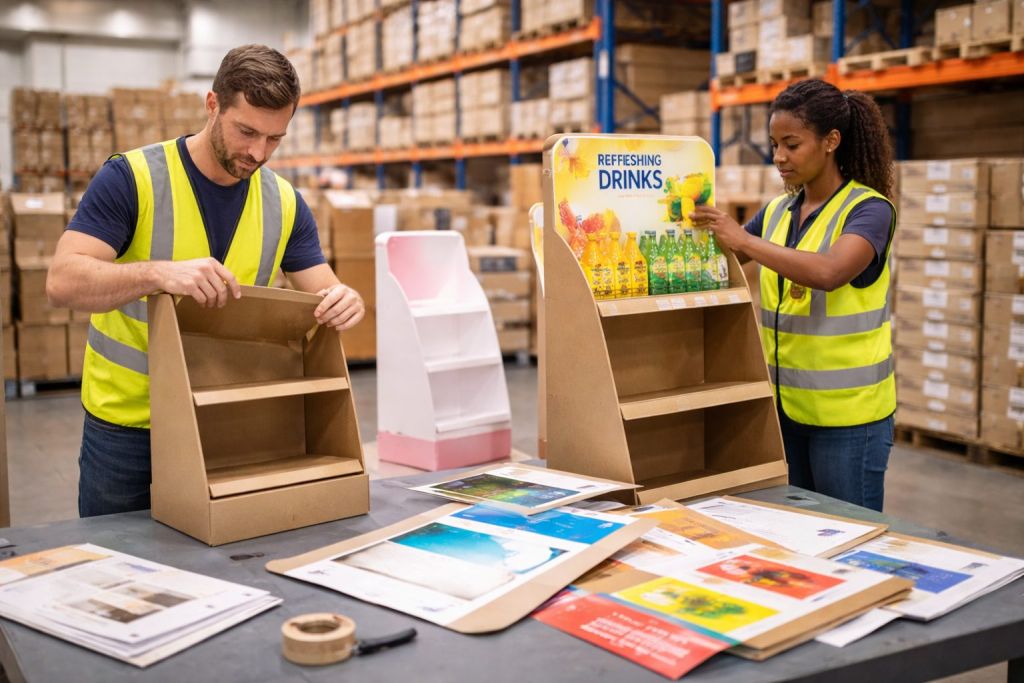 Warehouse workers assembling display units