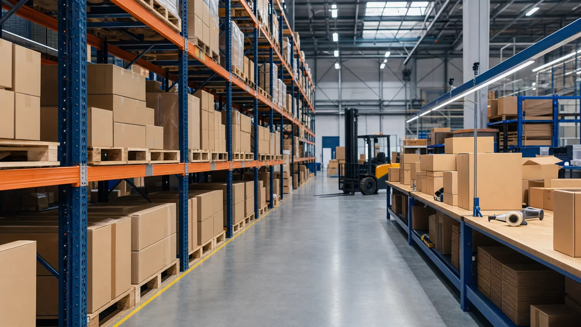 A clean unbranded logistics warehouse aisle with pallet racking, plain cartons with no readable text, a forklift truck and packing benches, with no logos, brand names or readable documents visible.