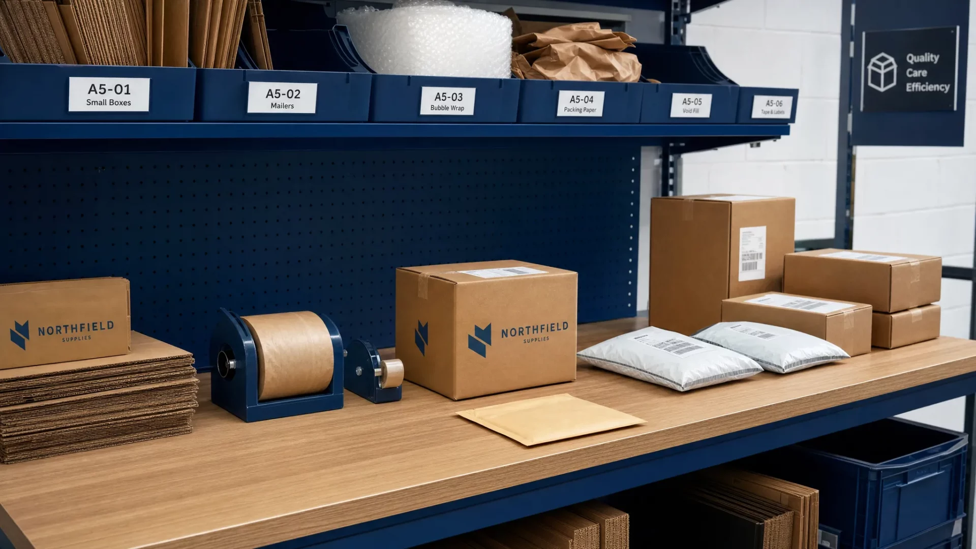Pick and Pack Services: What to Look For in a UK Partner 1 A clean warehouse packing bench with labelled product bins, cardboard boxes, packing materials and parcels ready for courier collection, shown from a closer angle with the packing area filling the frame.