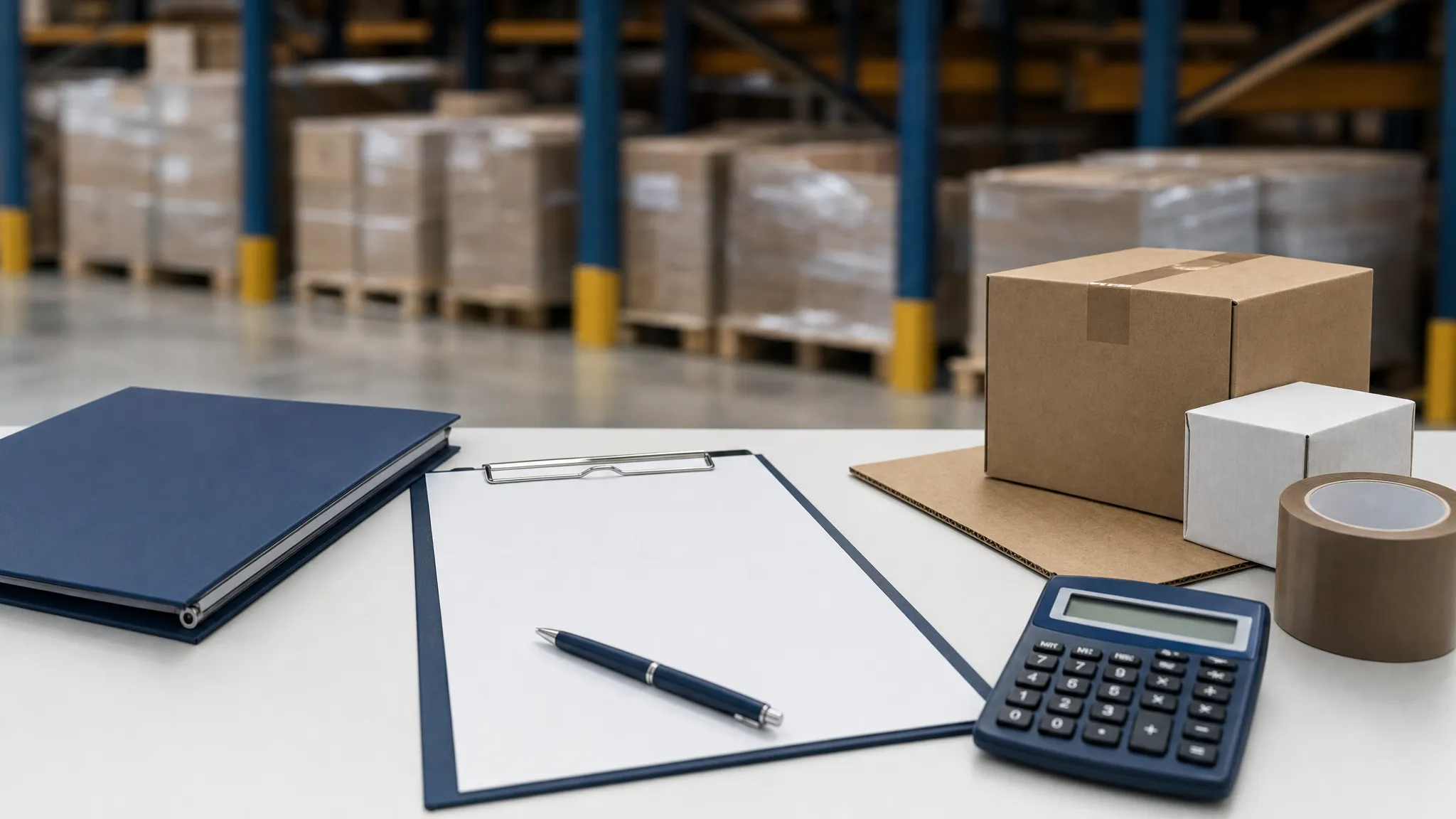 A close-up view of a clean warehouse desk with a plain contract document, calculator and packaging samples, with pallet storage blurred in the background and no readable text or logos anywhere in the scene.