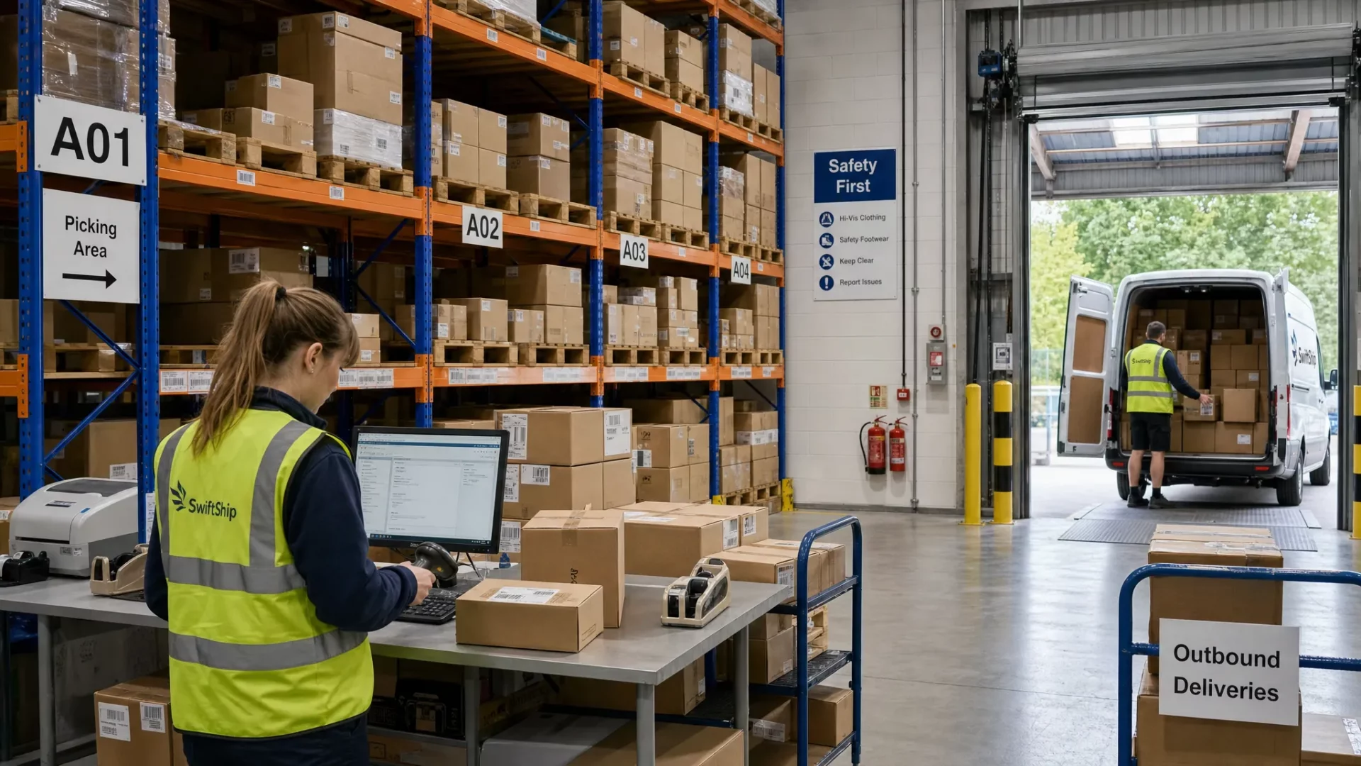 How to Choose Logistics Services for a Growing UK Business 1 A tidy UK warehouse with labelled pallet racking, packed eCommerce parcels, barcode scanners, and a delivery vehicle being loaded at a bay.
