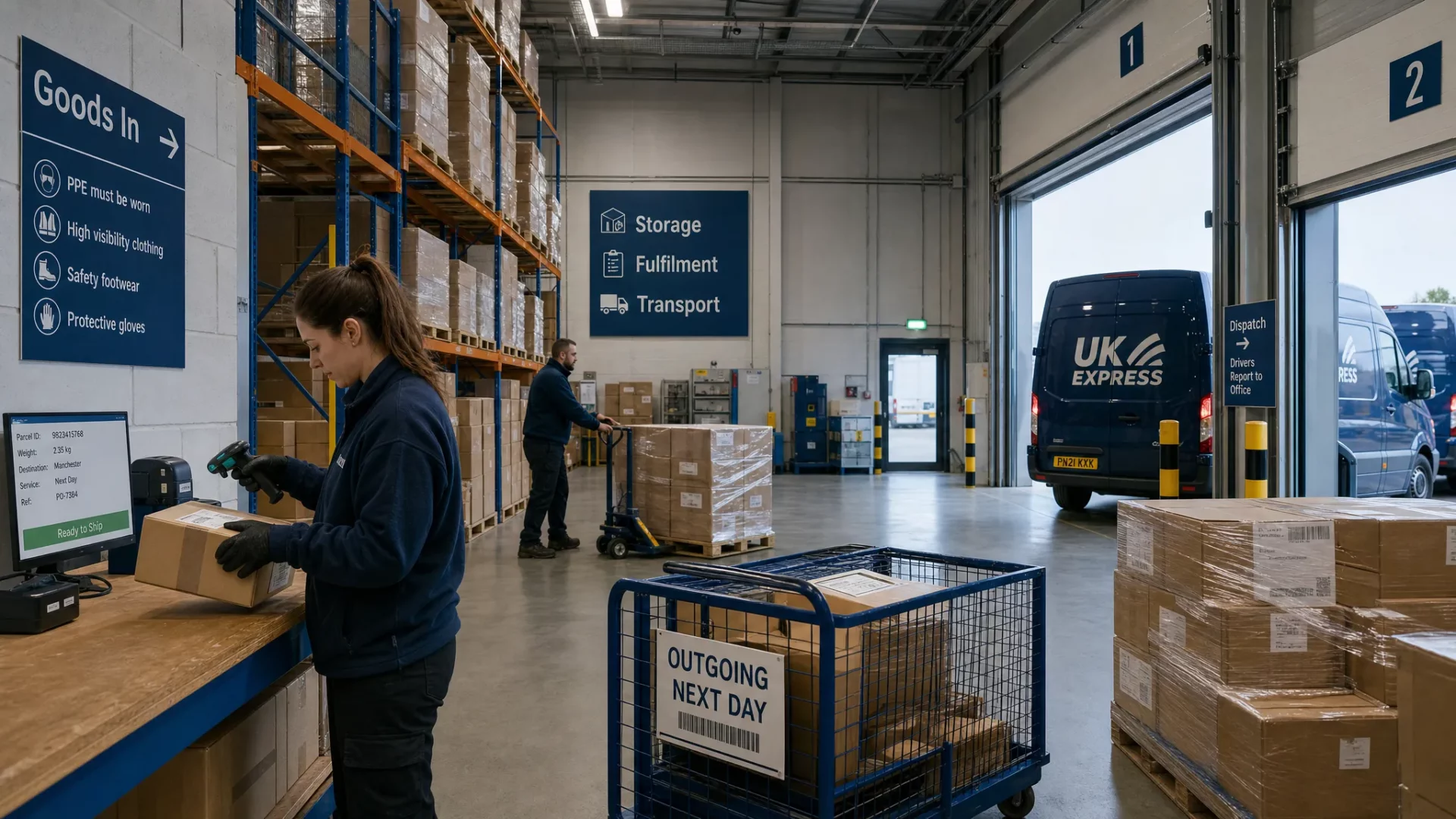 A UK warehouse loading area with labelled pallets, packed parcels, barcode scanners and delivery vehicles at the loading doors, showing storage, fulfilment and transport working together.