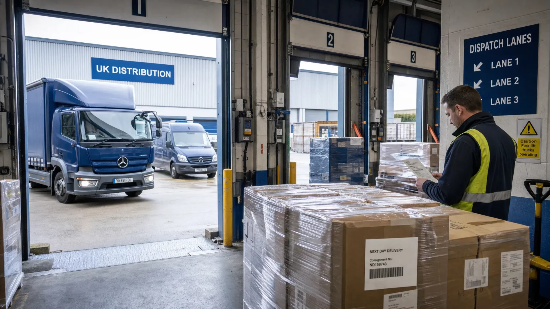 How Logistics Transportation Affects Delivery Speed 1 A UK warehouse loading bay with palletised goods staged in dispatch lanes, a staff member checking labels at the bay, and delivery vehicles waiting for collection outside.