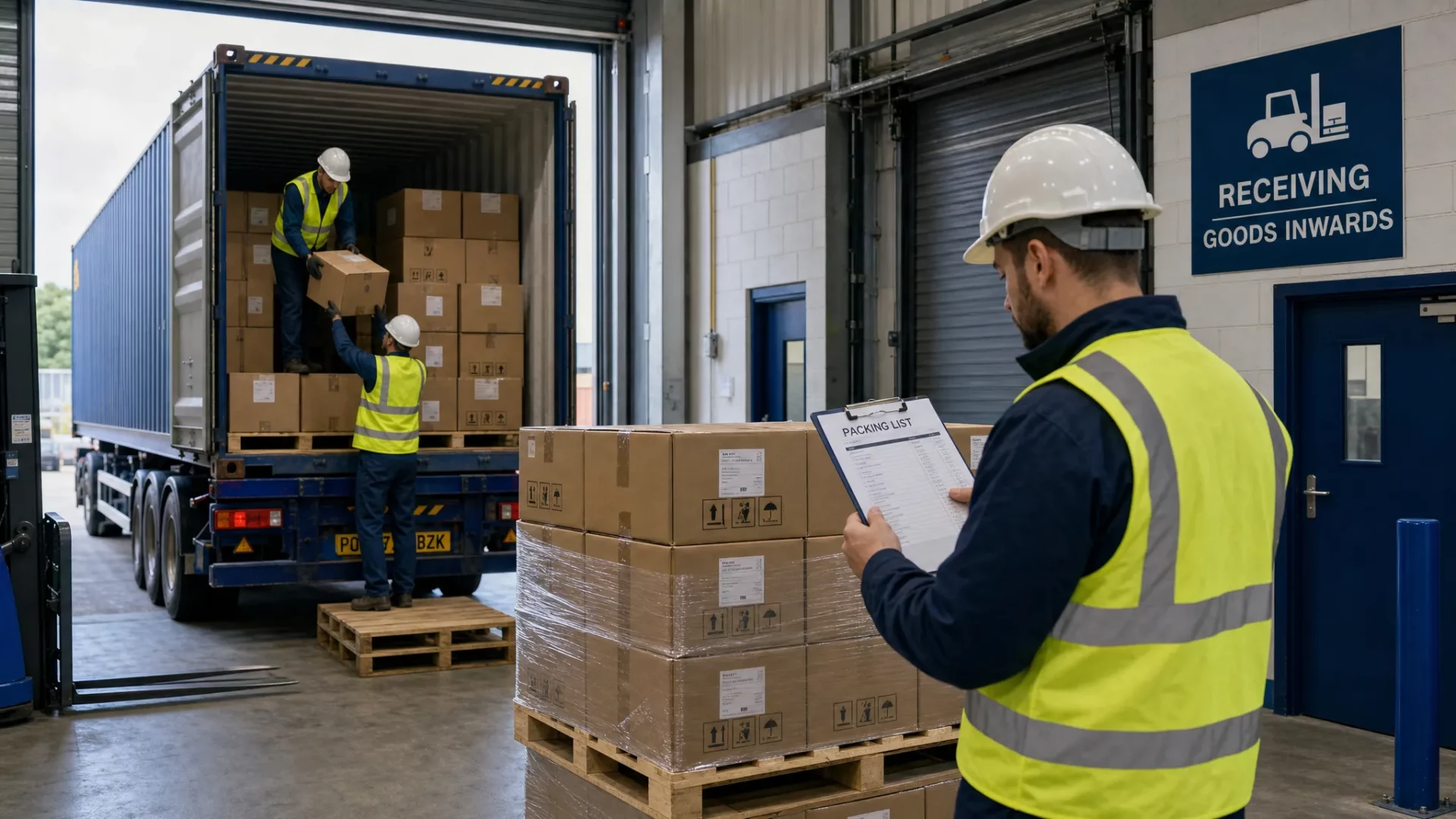 A warehouse receiving area with an open shipping container, imported cartons being unloaded onto pallets, and warehouse staff checking carton labels against a packing list.