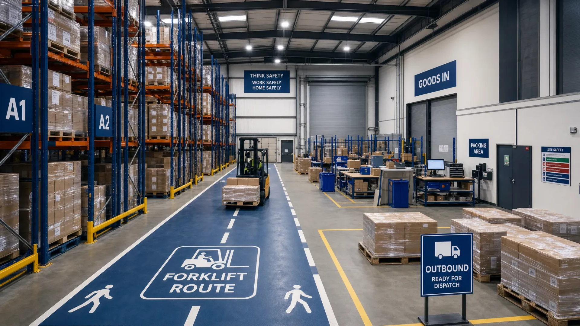 How Much Warehouse Space Does Your Business Actually Need? 1 A well organised warehouse with pallet racking, marked forklift routes, a goods in area, packing benches and outbound pallets staged for dispatch, showing how storage and working space fit together.
