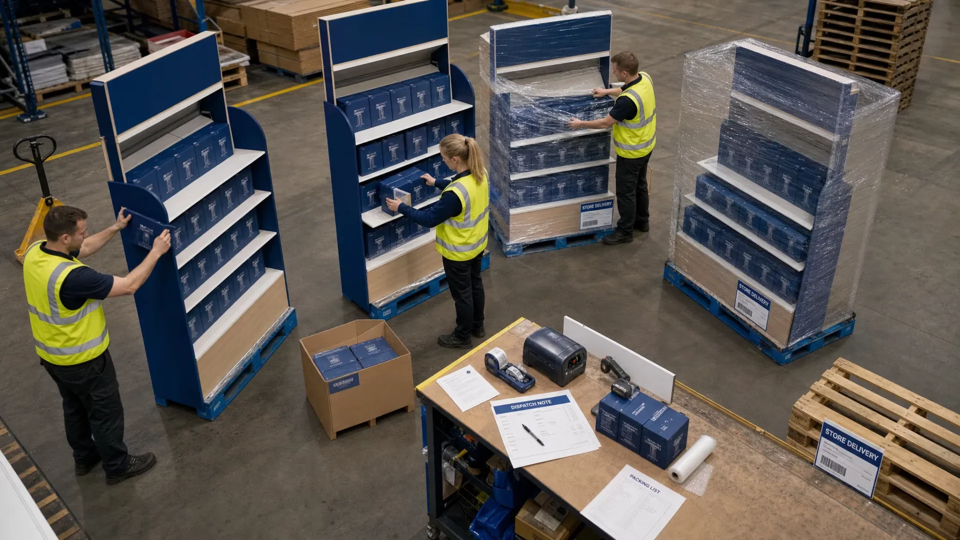 FSDU Pre-Fill and Dispatch: How It Works and Why It Saves Brands Time 1 An overhead view of assembled retail display units being filled with boxed products, protective wrap, pallets, labels and dispatch paperwork in a warehouse packing area ready for store delivery.