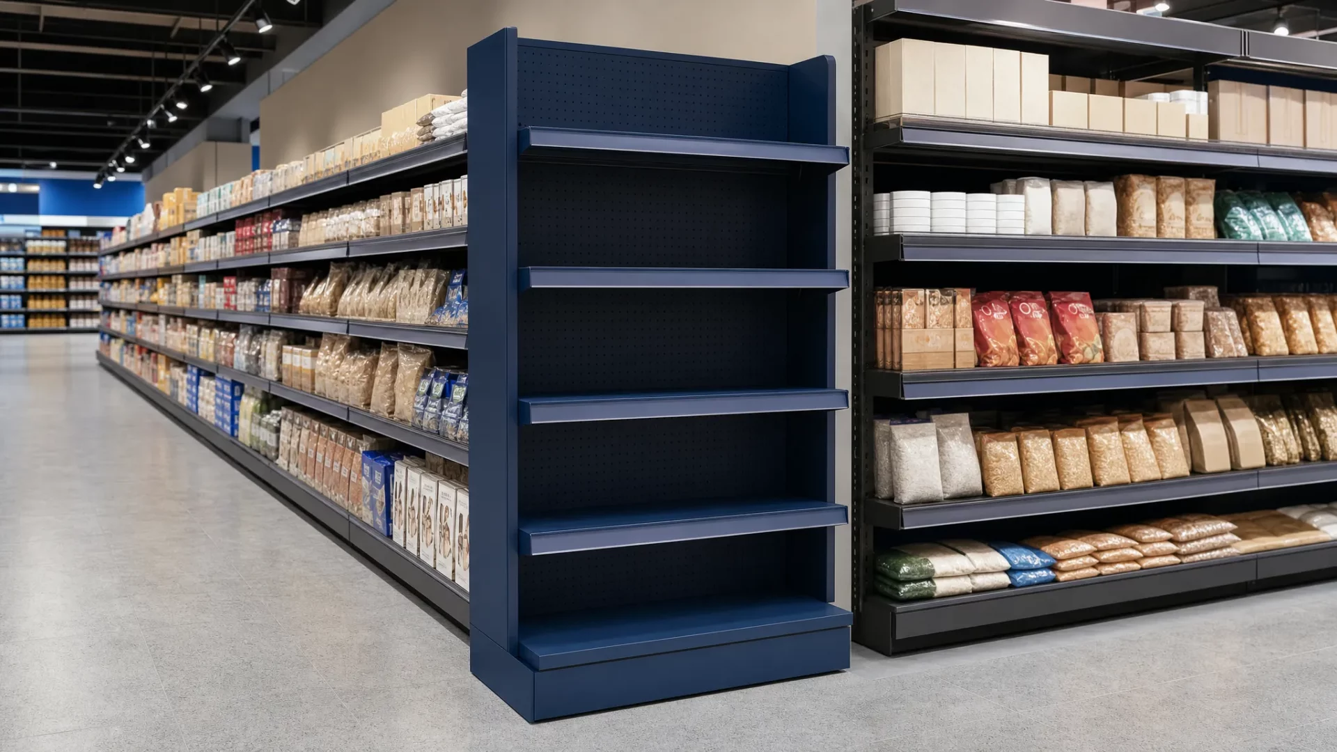 An unbranded supermarket aisle at eye level showing a plain free standing display unit beside standard shelf displays, with neutral product packs and no readable text or logos anywhere in the scene.