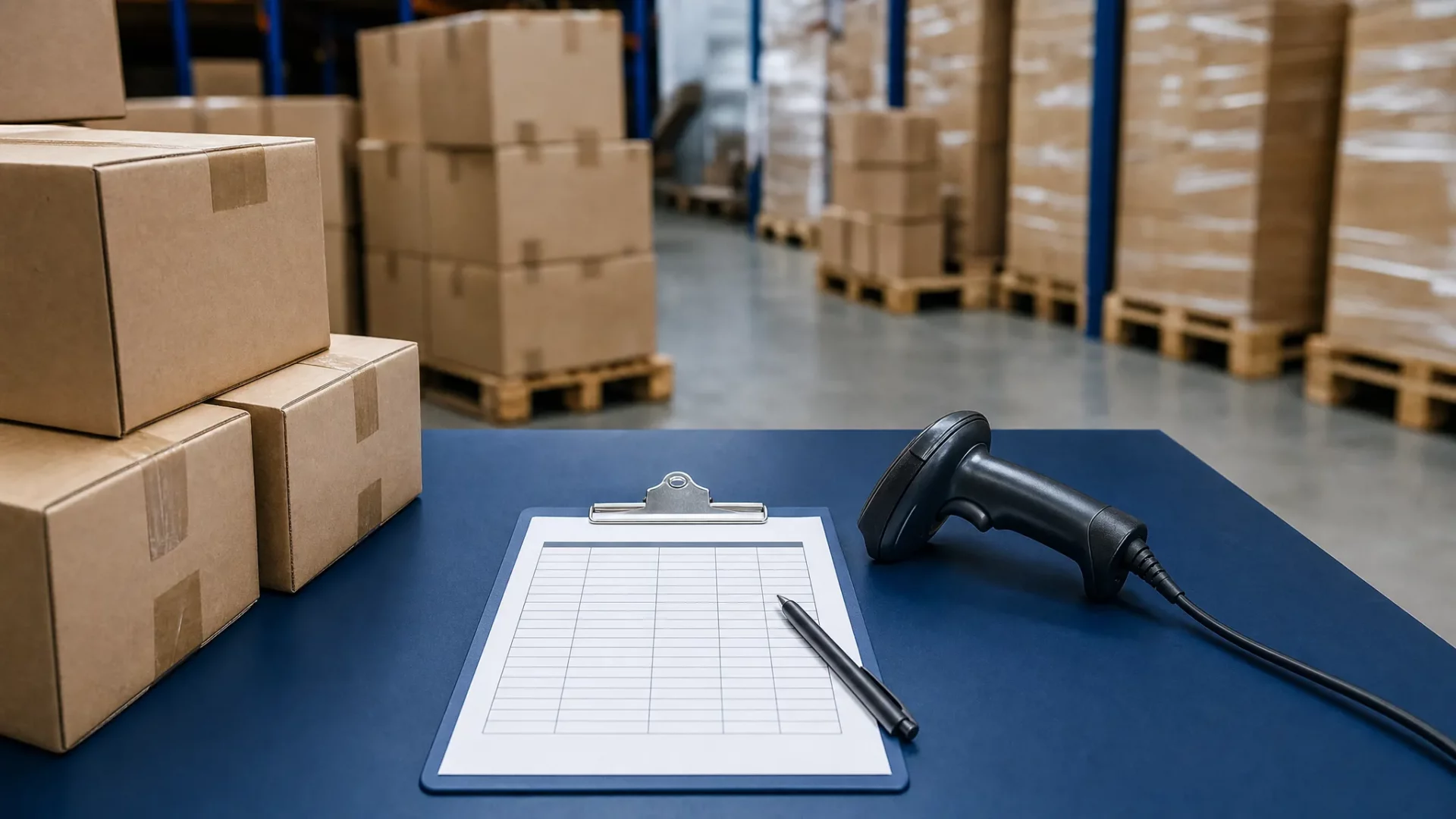 Close-up view of an unbranded warehouse briefing table with plain pallets in the background, sealed cartons, a handheld barcode scanner and a checklist with no readable text or logos.