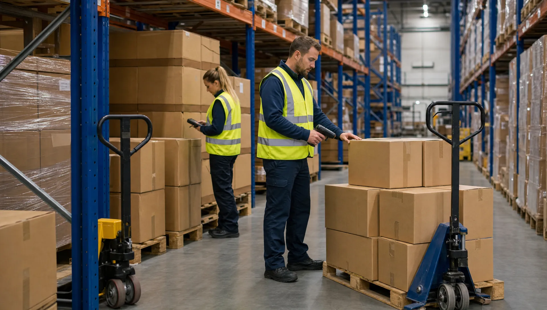 A busy UK warehouse stock check area with plain unbranded cartons on pallets, handheld scanners, pallet trucks and two workers in unbranded high visibility vests checking stock beside marked racking aisles. No logos or readable text appear on clothing, boxes, documents or signage.