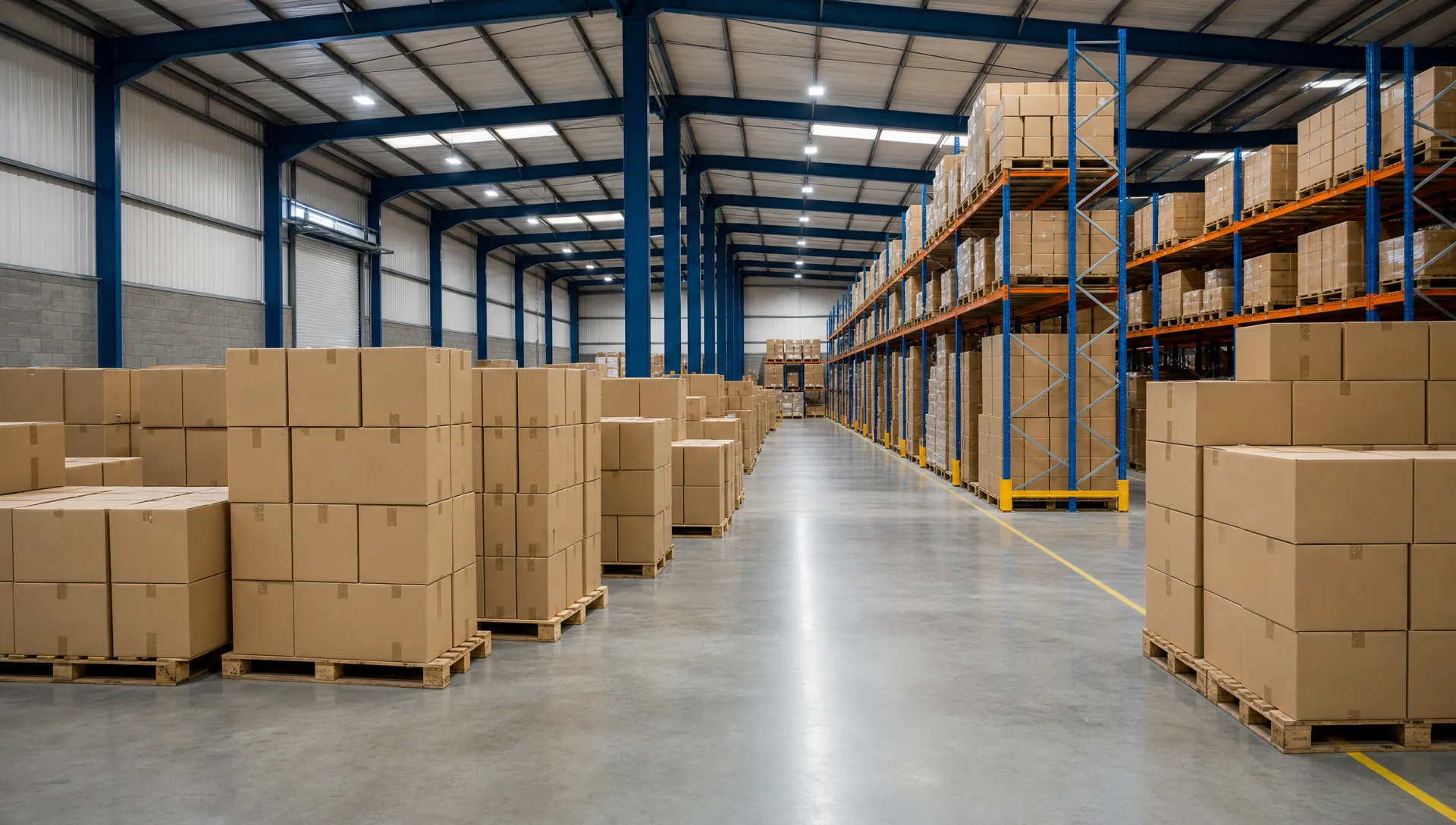 Racked vs Bulk Pallet Storage: Which Is Right for Your Stock? 1 A clean UK warehouse with unbranded pallets stacked in floor storage in the foreground and pallet racking in the background, plain boxes with no readable labels, clear access aisles and no company logos.