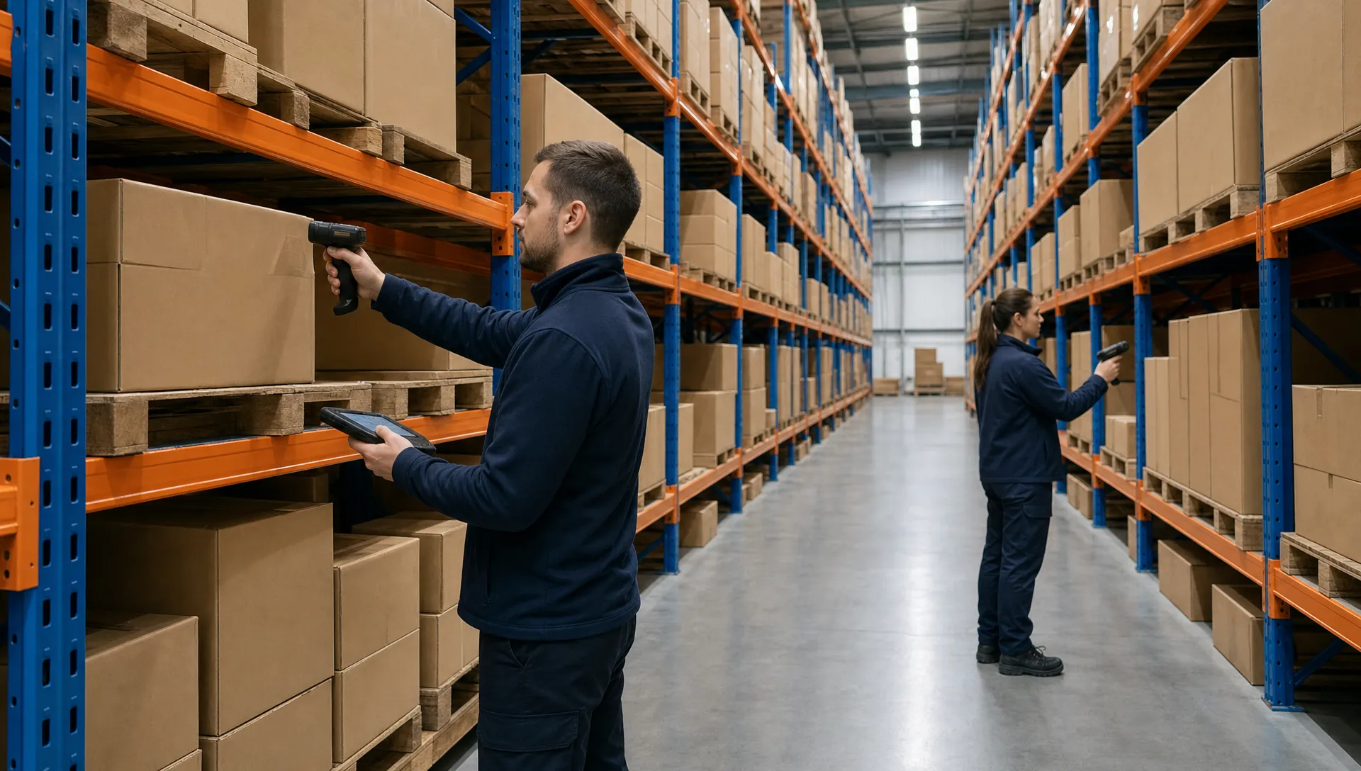 Why 3PL WMS Matters for Stock Accuracy and Visibility 1 A clean warehouse aisle with unbranded pallet racking, plain boxes, handheld barcode scanners and staff in unbranded workwear checking stock locations, with no readable labels, logos or company names visible.