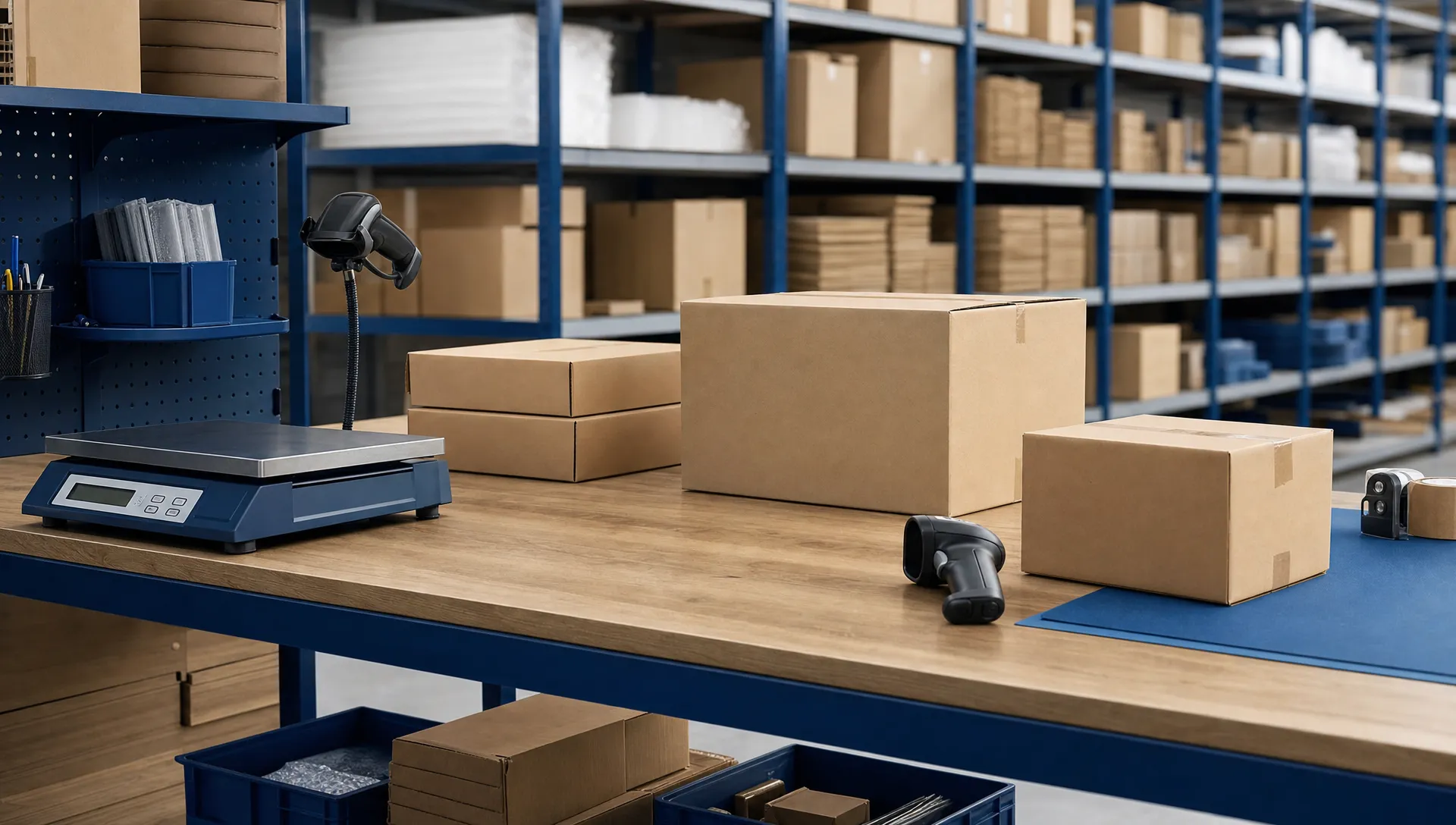 Signs Your In-House Fulfilment Is Holding Your Business Back 1 A close-up of a warehouse packing bench with plain cardboard boxes, handheld scanners, a parcel scale and neatly arranged stock on open shelving, with no logos or readable labels visible.