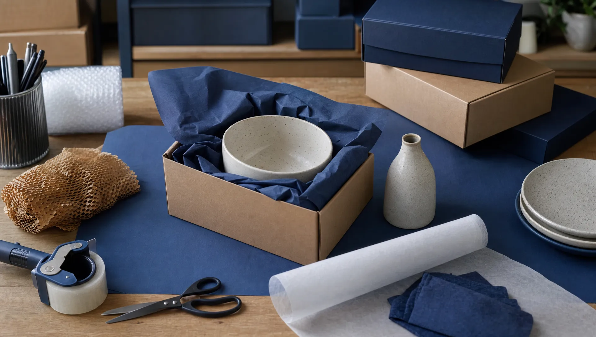 Fulfilment for Gift and Homeware Brands 1 A close-up of an unbranded packing bench with plain gift boxes, tissue paper, protective wrap and neatly arranged homeware items ready for careful packing, with no logos, branding or readable text visible.