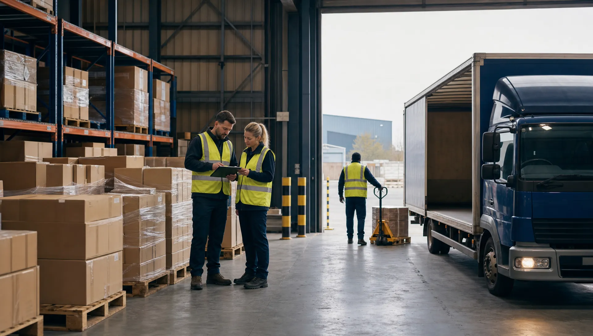 Transportation and Logistics Tips for Smoother Operations 1 A medium view of an unbranded warehouse loading bay with neatly stacked pallets, plain cardboard boxes and workers in unbranded high visibility clothing checking stock beside a right-hand drive delivery vehicle, with no readable labels, logos or text visible.
