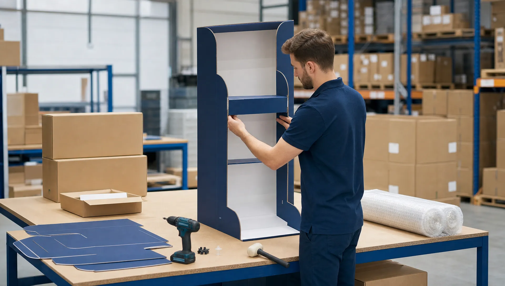 How Much Does an FSDU Cost and What Affects the Price? 1 A plain unbranded retail display unit being assembled on a packing bench in a clean warehouse, with unbranded cartons and packaging materials nearby and no readable text, logos or company names visible.