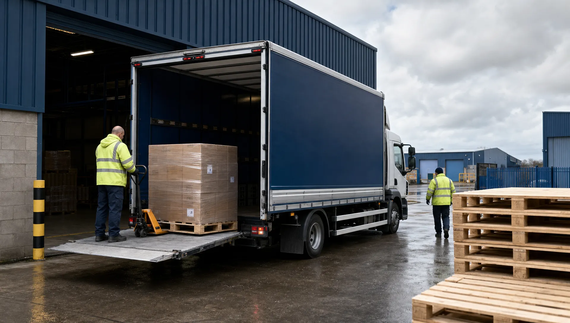 Same-Day Pallet Delivery in the UK: What to Expect and How It Works 1 A right-hand drive unbranded rigid goods vehicle with a tail-lift at a warehouse loading bay in a UK industrial yard, with plain pallets ready for unloading and workers in unbranded high-visibility clothing nearby, with no readable text or logos visible.