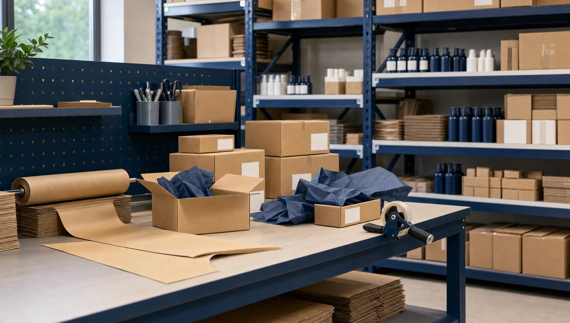 A tidy warehouse packing bench with unbranded cardboard boxes, protective paper, plain labels with no readable text, and neatly organised products on shelves in the background.