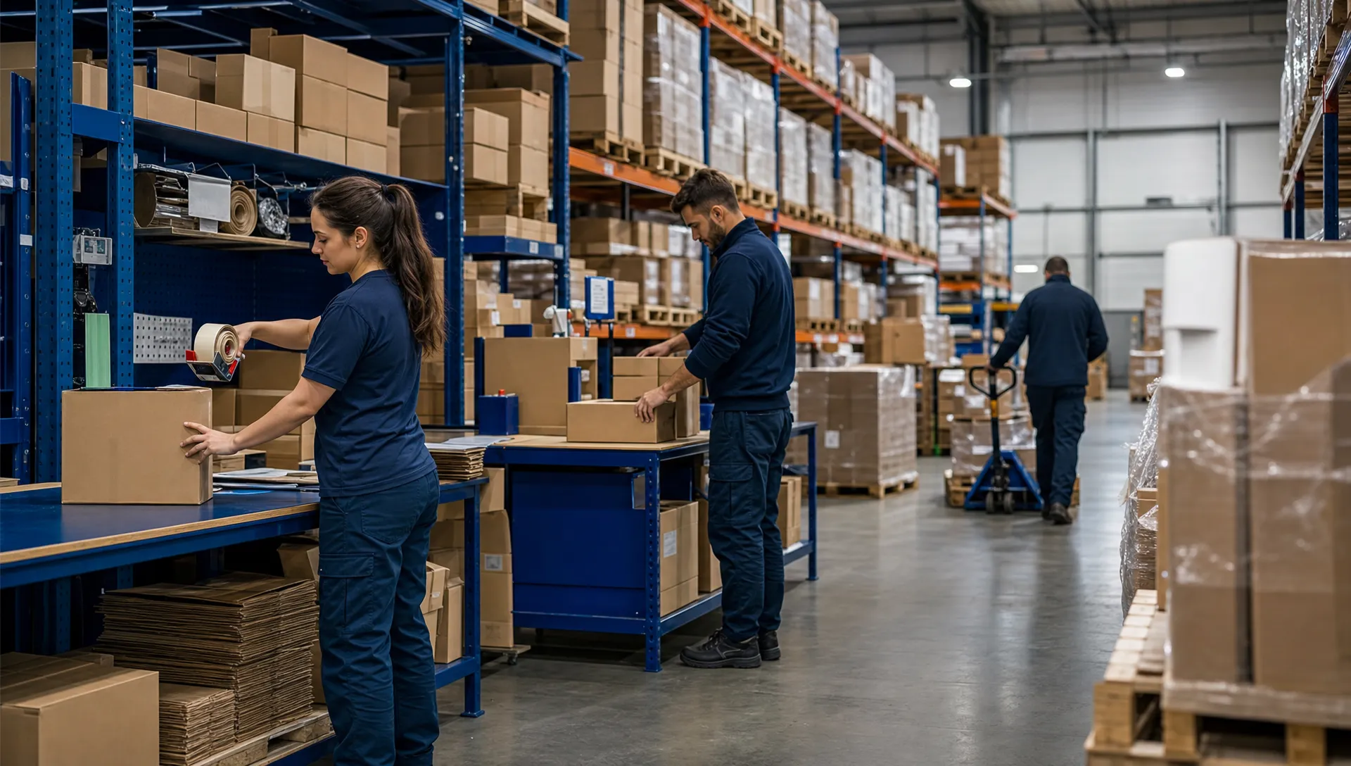 How to Choose a 3PL That Integrates With Shopify, Amazon and eBay 1 A UK warehouse packing aisle with unbranded staff handling plain parcels beside shelving, with neatly stored pallets nearby and no visible logos or readable text on any items.