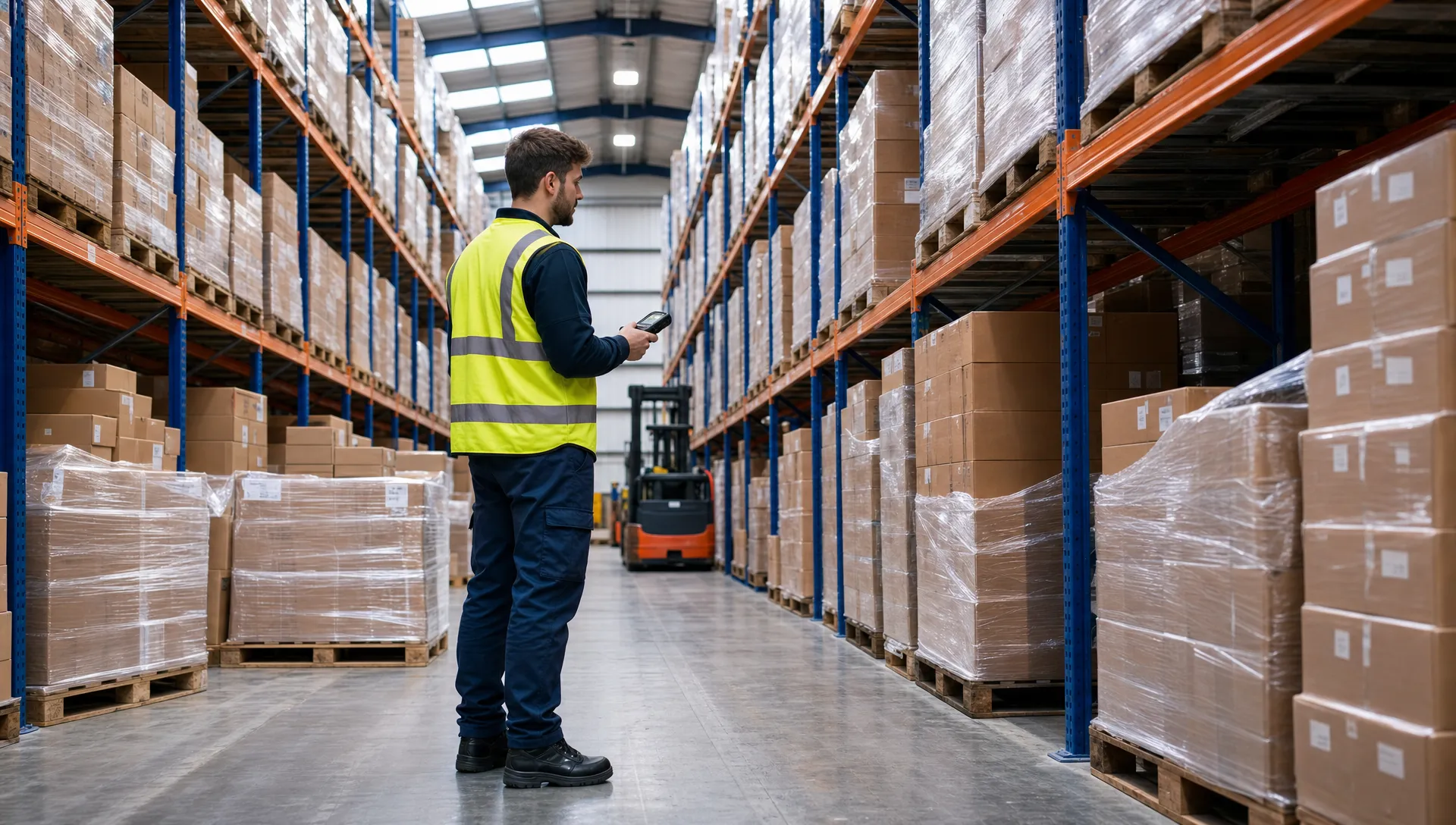 Amazon FBA vs 3PL: What's the Difference? 1 A wide view of a UK warehouse aisle with plain cardboard parcels, pallet racking, shrink-wrapped pallets and a worker in unbranded high-visibility clothing checking stock with a handheld scanner that shows no readable text.