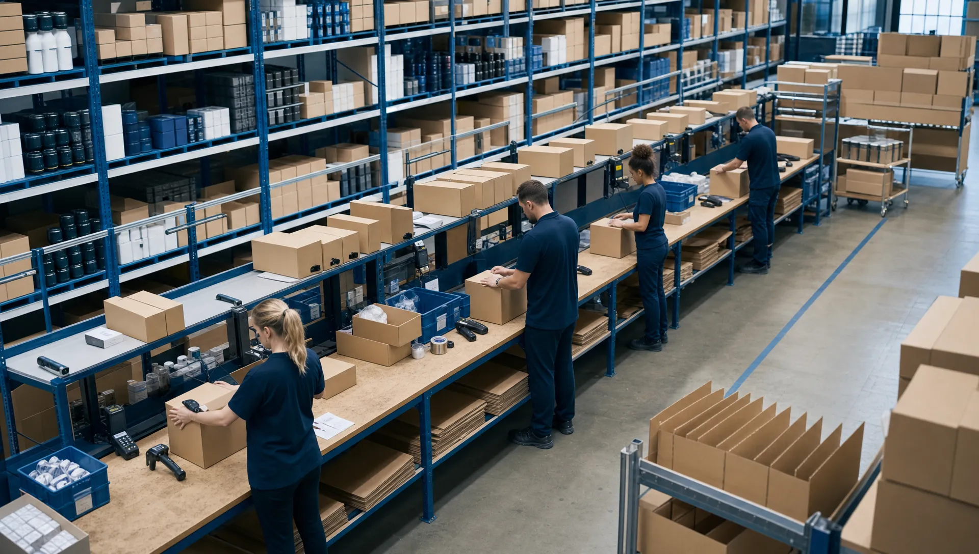 How eCommerce Fulfilment Services Support Faster Growth 1 An organised eCommerce fulfilment workspace with unbranded cardboard parcels, plain shelves of products, packing benches and handheld scanners, viewed from a high angle across a busy packing aisle, with no logos, readable text, branded vehicles or branded clothing visible.