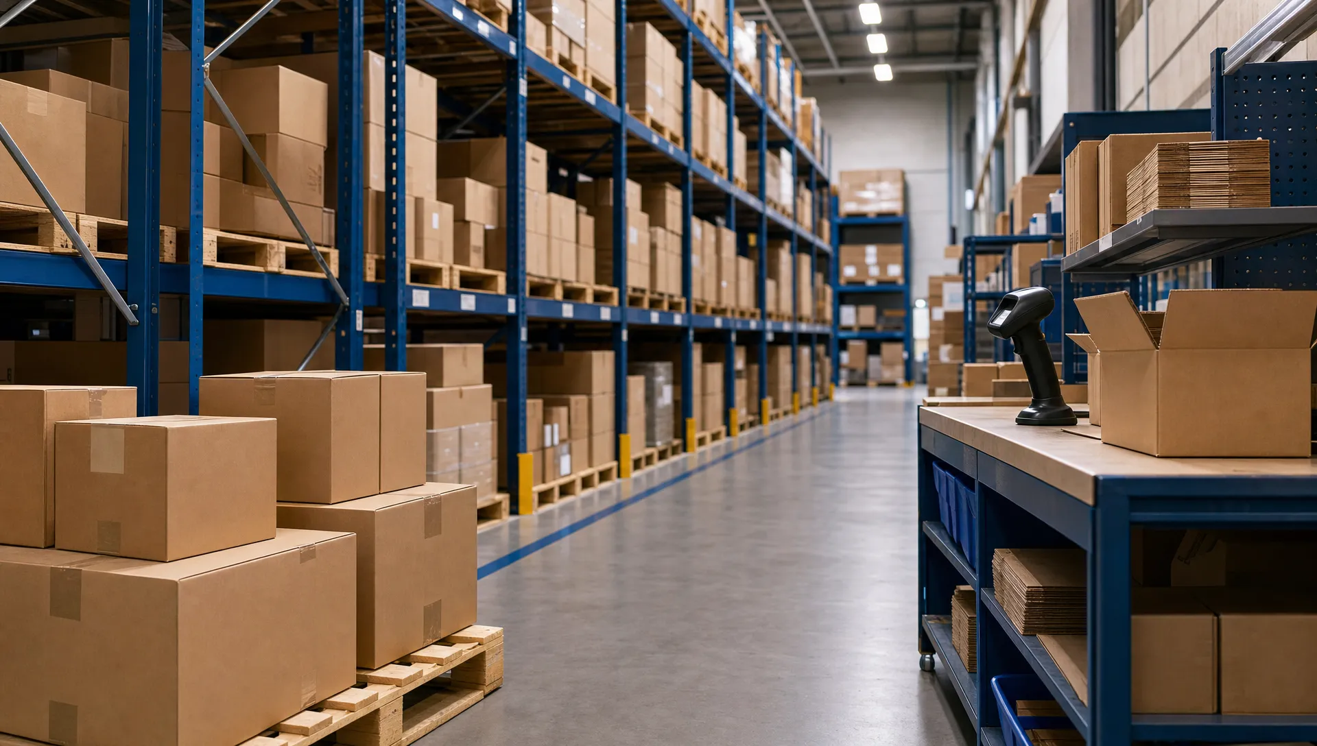 How to Manage Stock Across Multiple Sales Channels From One Warehouse 1 An organised warehouse aisle with unbranded cartons on racking, pallet locations, a handheld scanner and a packing bench in the background, showing tidy stock control for multi-channel order processing with no logos or readable text visible.