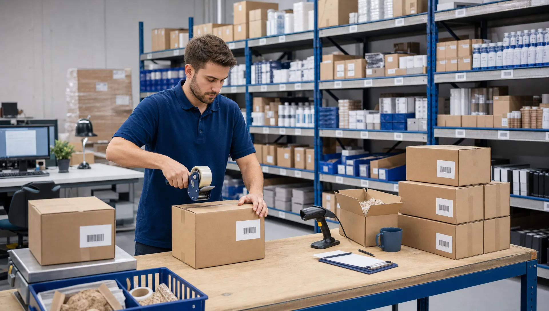 Pick and Pack or In-House? Which Is Best for Your Brand 1 An organised warehouse packing area with plain cardboard boxes, shelves of unbranded products, barcode labels with no readable text and an unbranded worker preparing parcels for dispatch, viewed from a slightly elevated angle across the packing bench.