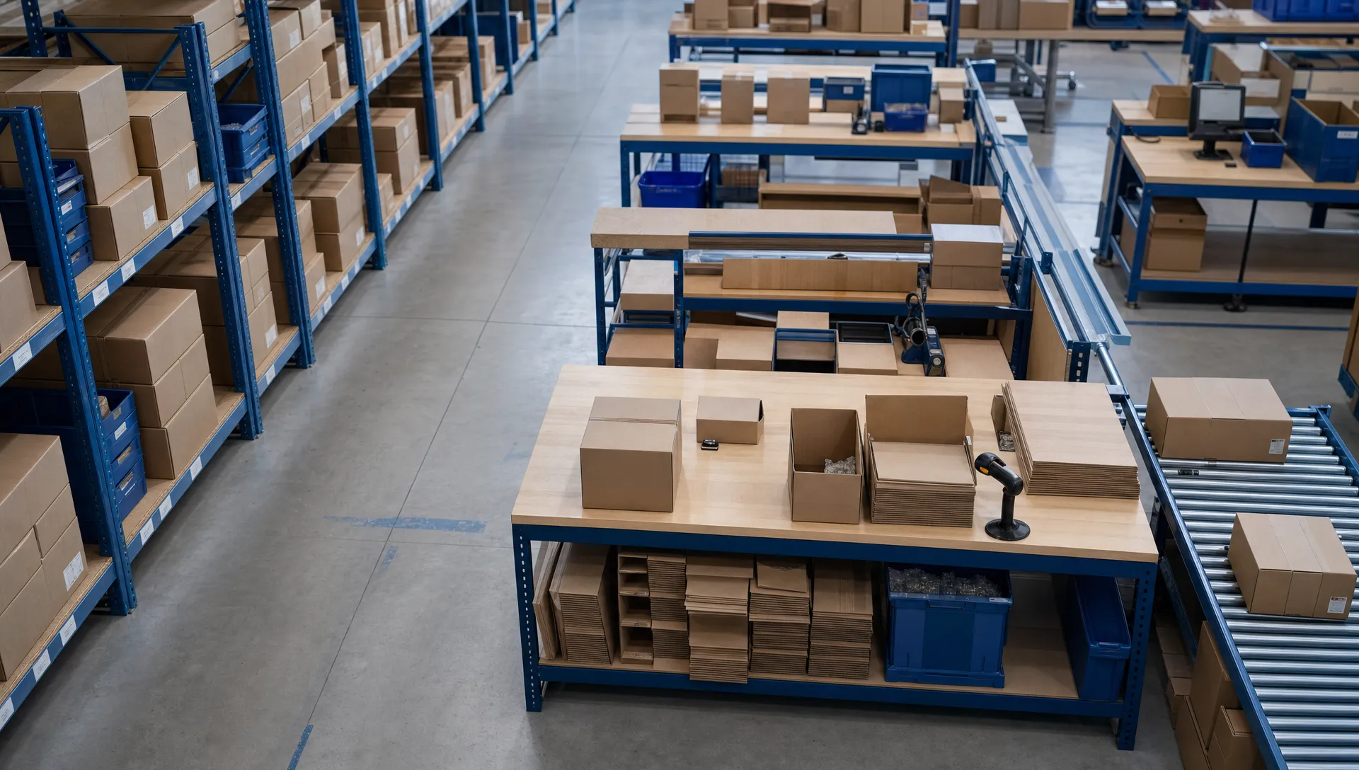 Order Fulfilment Mistakes That Cost Brands Time and Money 1 An organised warehouse packing area with unbranded cardboard boxes, barcode scanners, packing benches and neatly labelled shelving, seen from a slightly elevated overhead angle, with no readable text, logos or brand names visible anywhere.