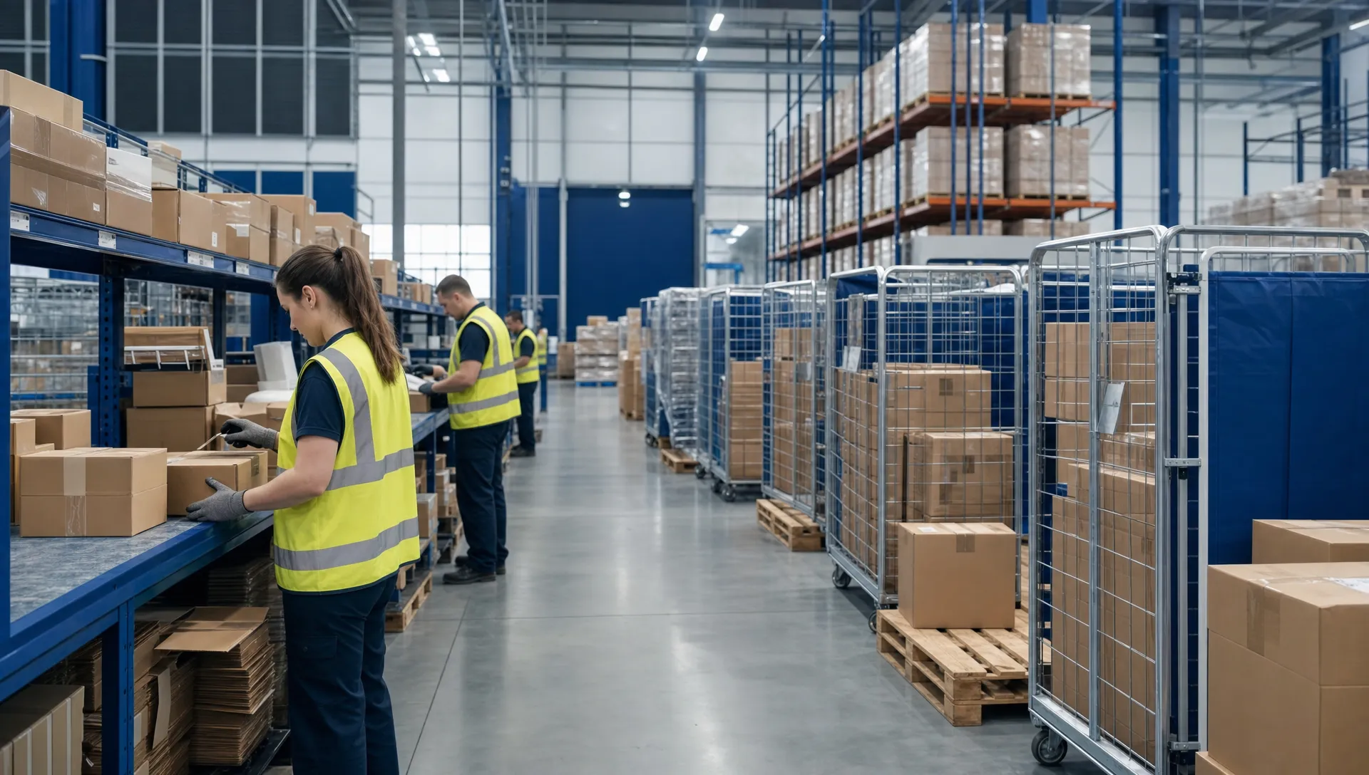 An organised warehouse scene with plain pallets, unbranded workers in high visibility clothing picking and packing parcels at benches, and delivery cages ready for collection with no logos or readable text visible anywhere.