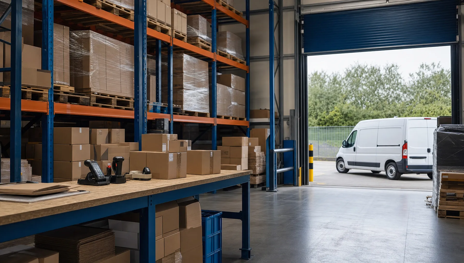 An unbranded UK warehouse scene with pallet racking, a pick and pack bench, handheld scanners and a right-hand drive delivery van at the loading bay, with no logos, signs or readable text.
