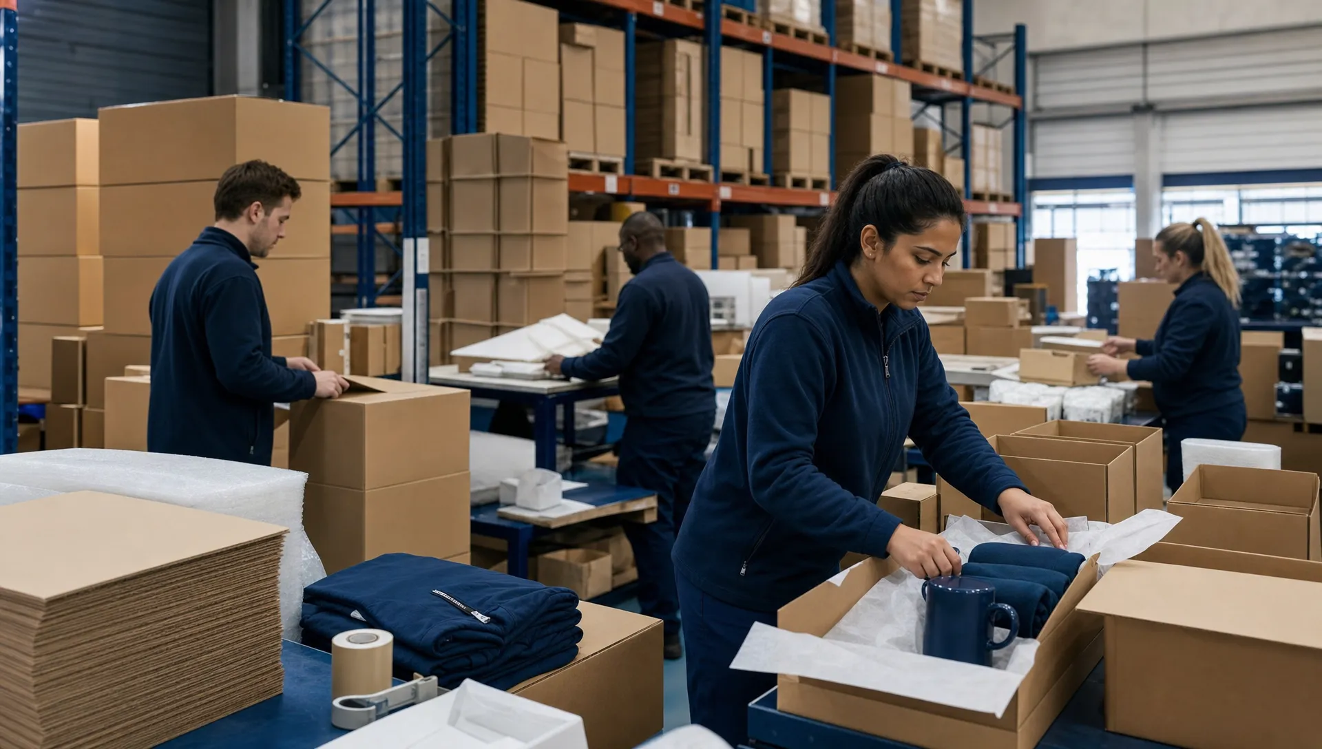An unbranded warehouse packing area with plain cardboard cartons, packing materials and staff in plain workwear preparing product bundles beside pallet racking. No readable text, logos or brand names are visible anywhere.