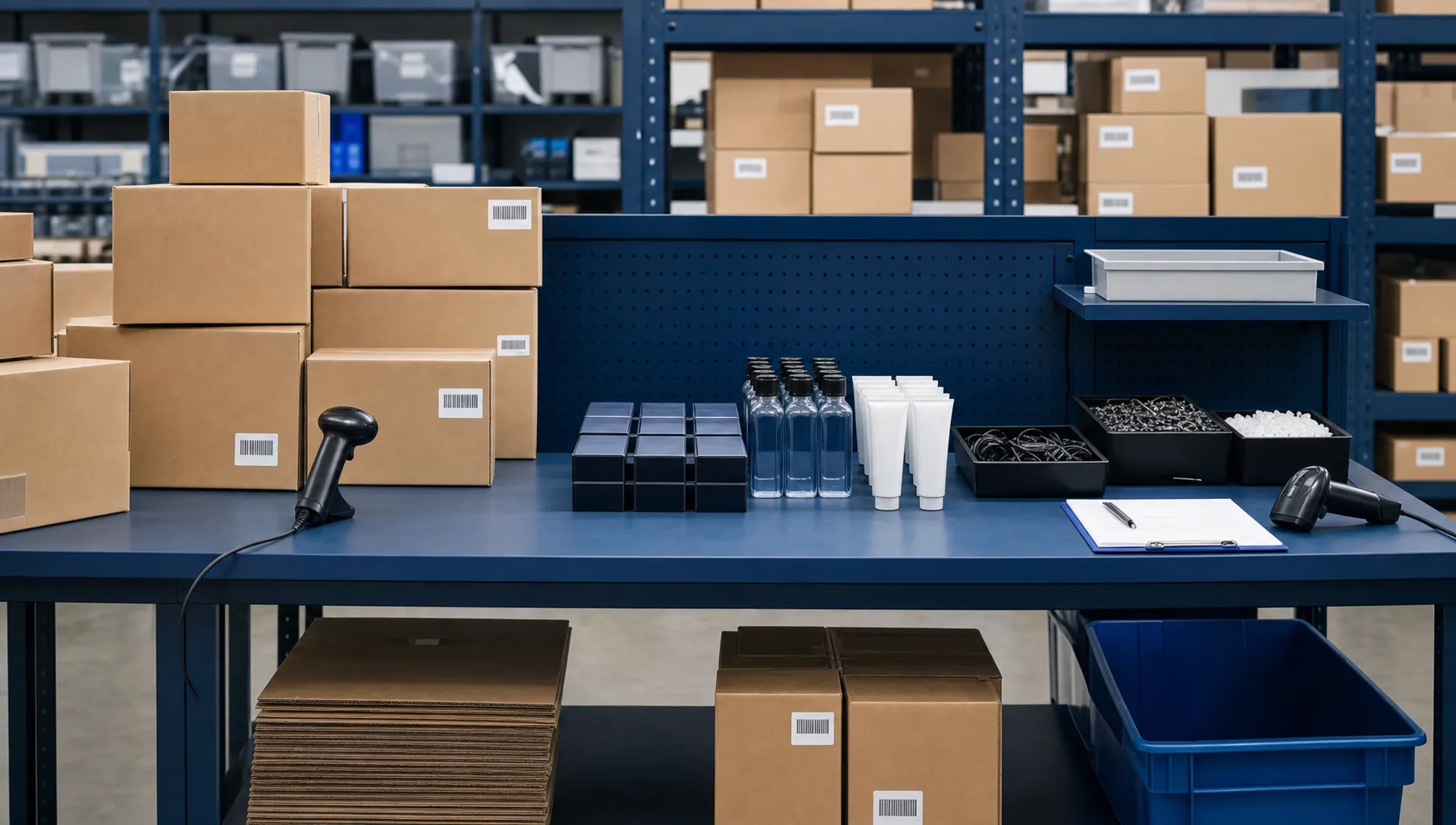 How to Reduce Fulfilment Errors and Protect Your Customer Reviews 1 An unbranded warehouse packing bench with plain cardboard boxes, barcode labels without readable text, handheld scanners and neatly separated products ready for quality checks. No logos, brand names or readable documents are visible.