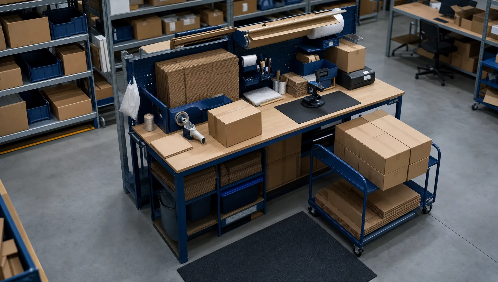 An unbranded warehouse packing station with plain cardboard parcels, shelving and packing materials, viewed from a slightly elevated angle, with no logos, no readable text and no branded clothing visible.