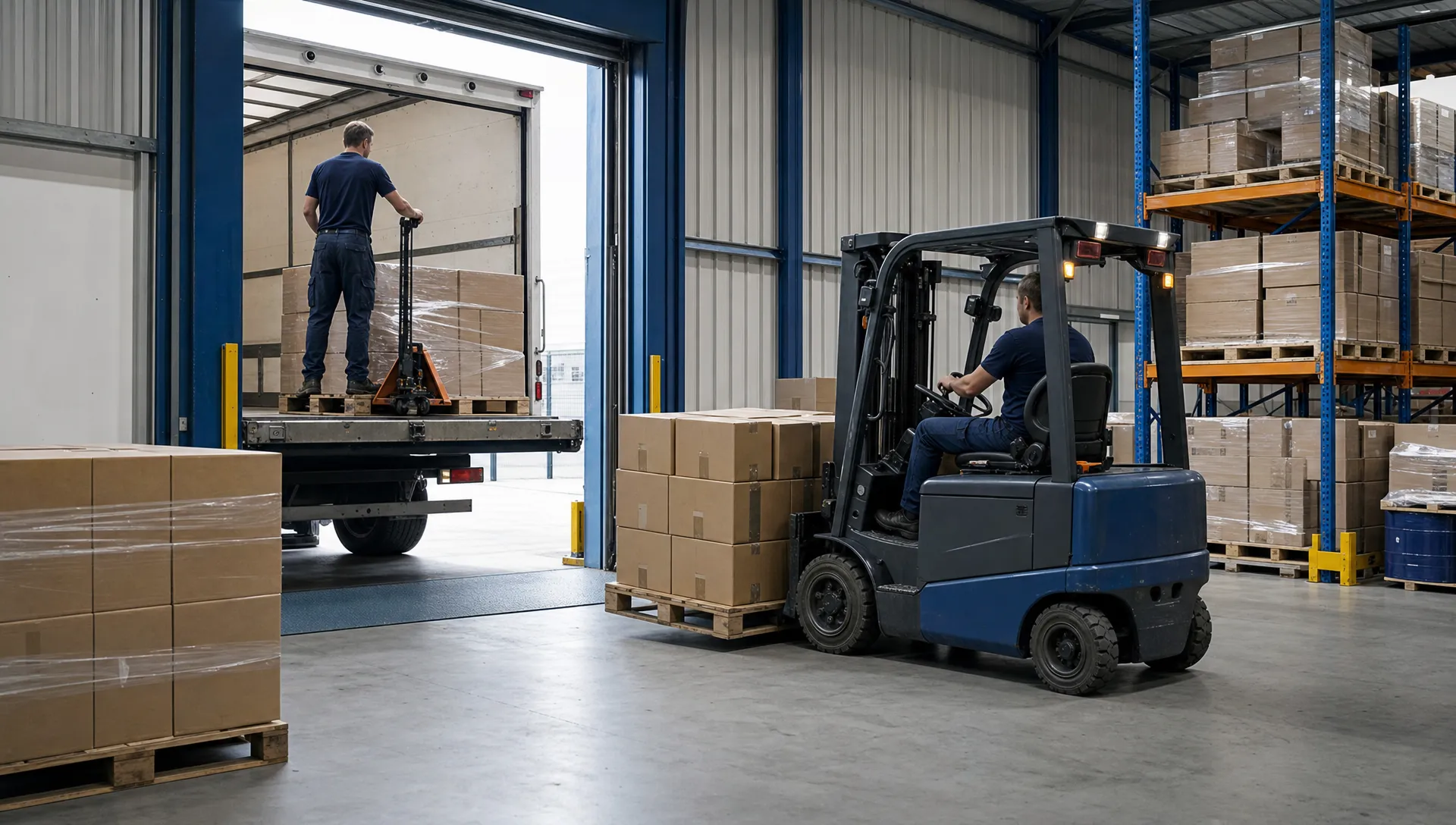 An unbranded warehouse receiving bay with plain pallets, sealed cartons and a forklift beside a right-hand drive delivery vehicle, showing stock being moved from loading area into storage with no logos or readable text.