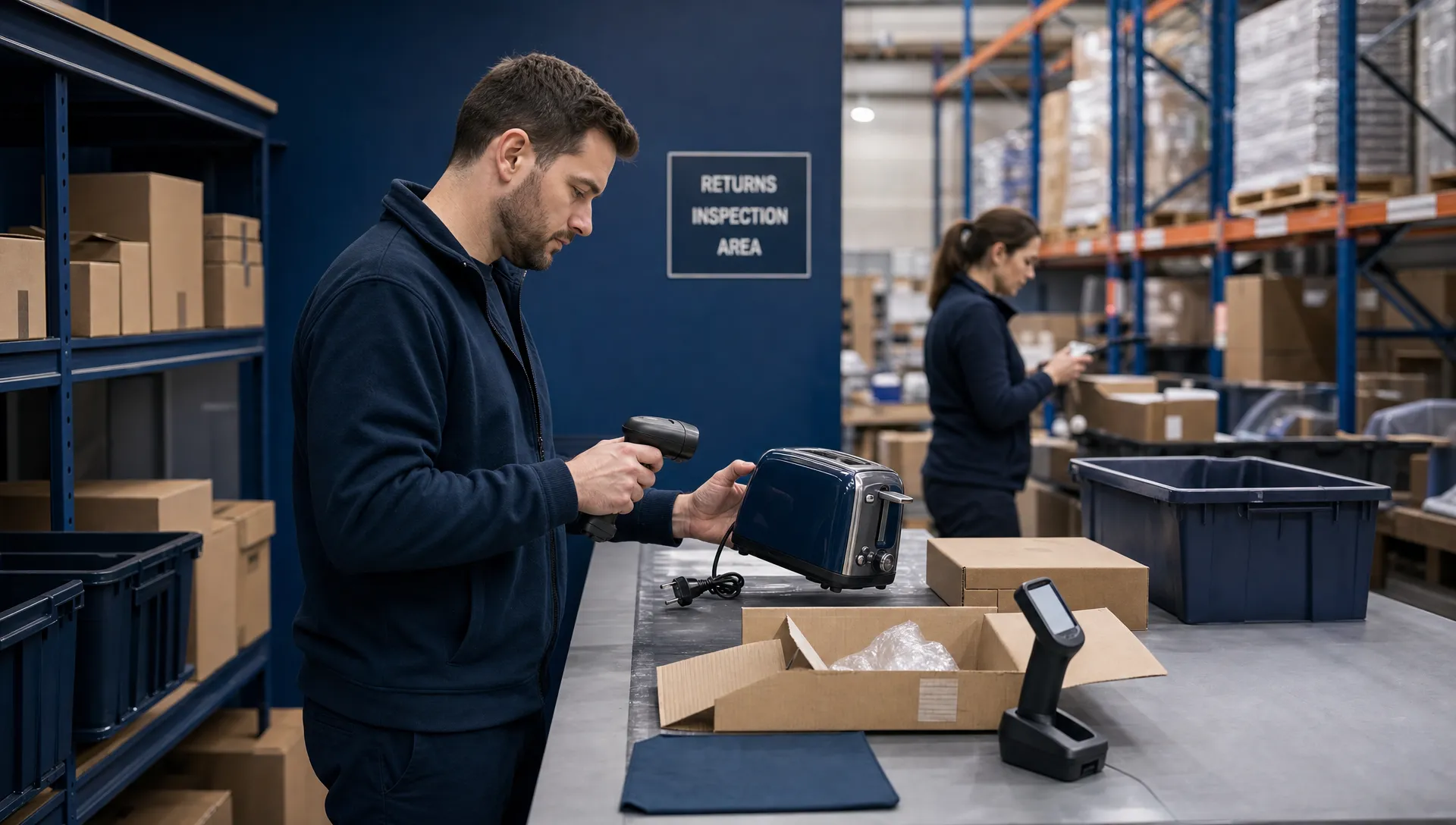 An unbranded warehouse returns area with a side-on inspection bench, plain cardboard parcels, handheld scanners with blank screens, storage racking and staff in unbranded workwear checking returned products with no logos or readable text visible.