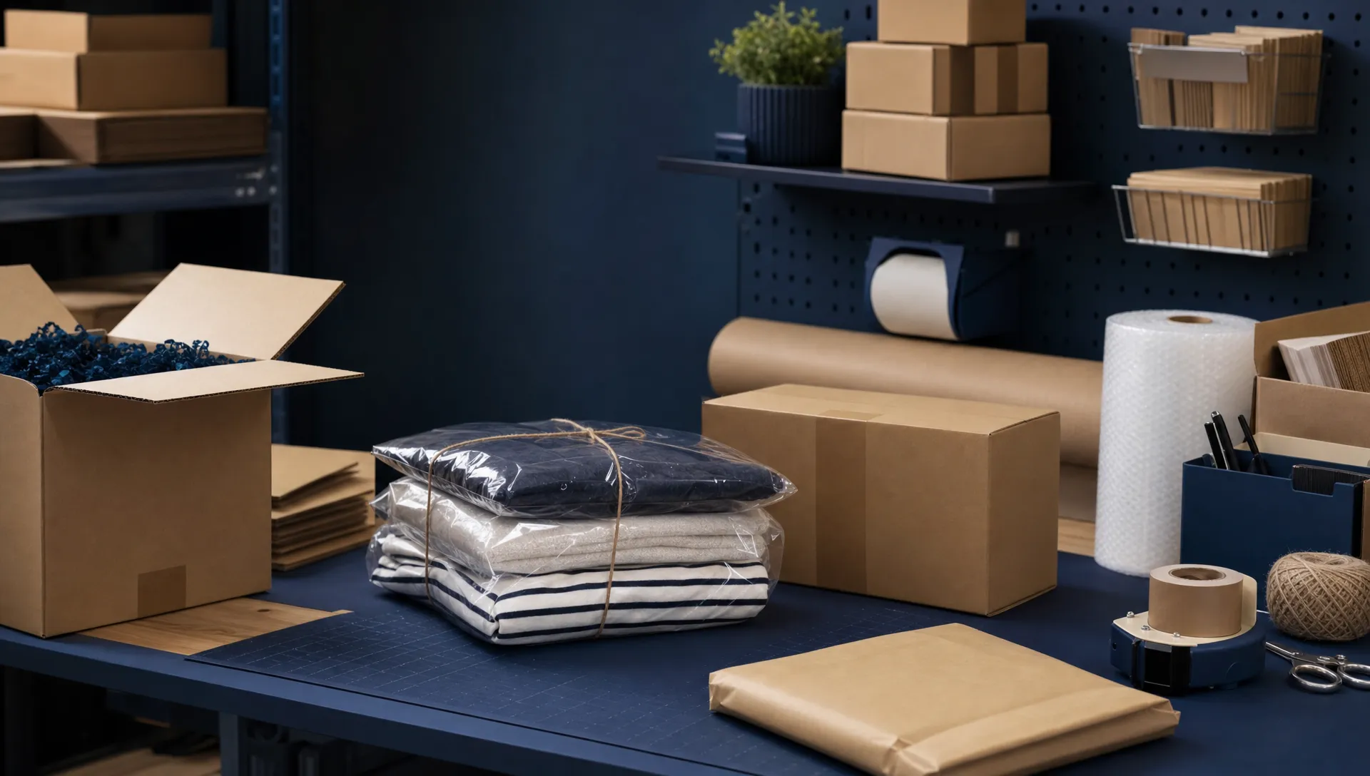 Close-up of an unbranded packing bench with plain cardboard boxes, packaging materials, product bundles and sealed parcels arranged for a packing project, with no logos or readable text visible.