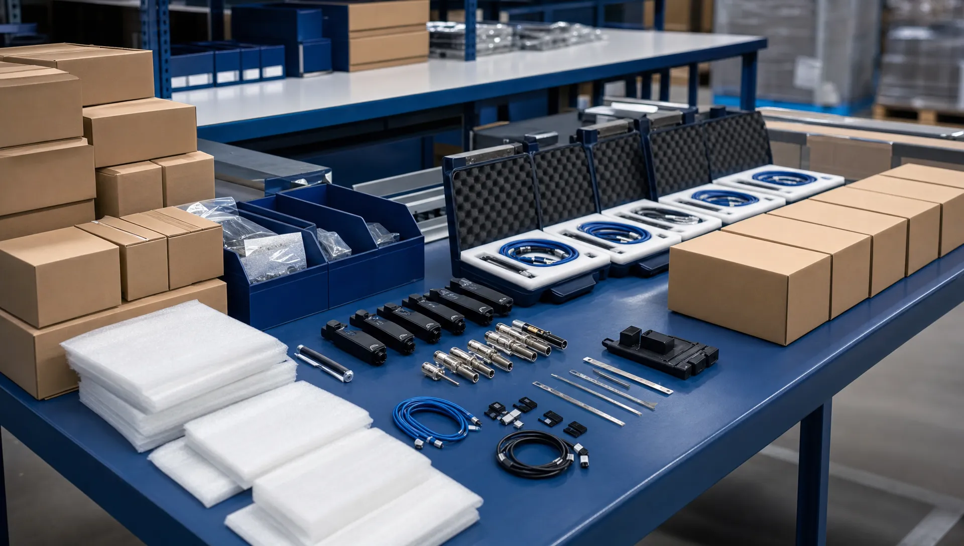 What Is Kitting in Logistics? 1 Close-up view of unbranded packing benches with neatly arranged product components, plain cartons, protective packaging and completed kits ready for dispatch, with no visible logos or readable text anywhere in the scene.