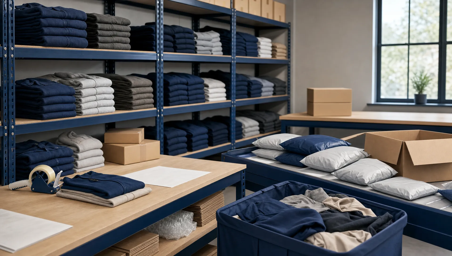 Fulfilment for Apparel and Fashion Brands 1 Unbranded clothing folded on warehouse shelving beside a clean packing bench, with a returns sorting table and plain parcels prepared for dispatch, all with no readable text or branding.