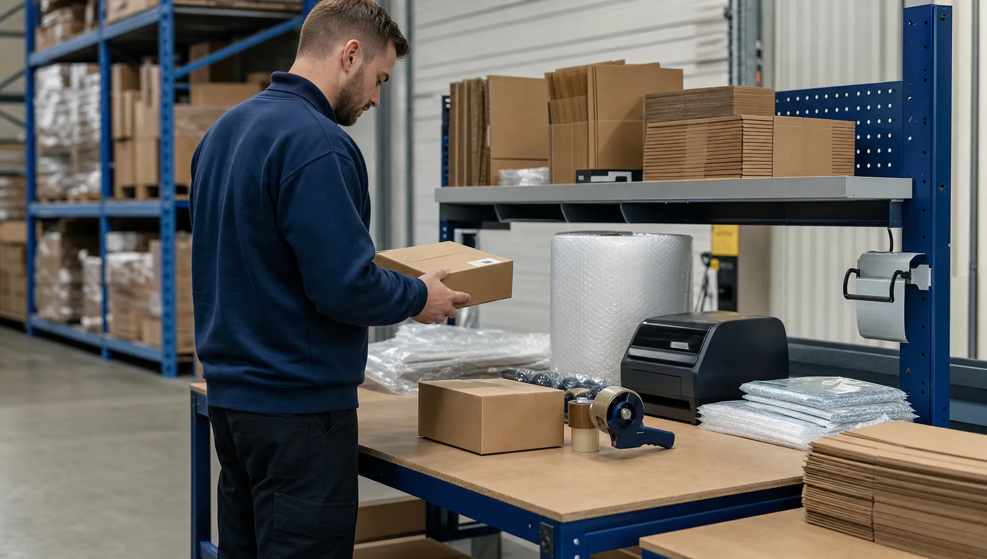 Unbranded packing bench in a UK warehouse where a logistics worker in plain workwear is checking plain cartons, protective packaging materials and barcode labels before stock is sent to Amazon, with no readable text or branding visible.