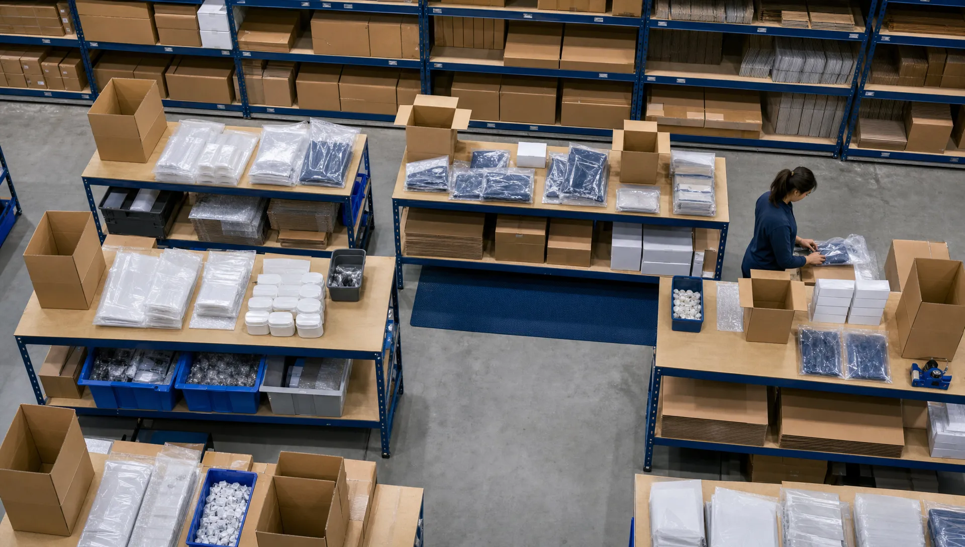 How Much Does Contract Packing Cost in the UK? 1 Unbranded warehouse packing benches with plain boxes, clear bags and products arranged for contract packing, viewed from above with shelves of plain cartons in the background and no readable labels or logos.