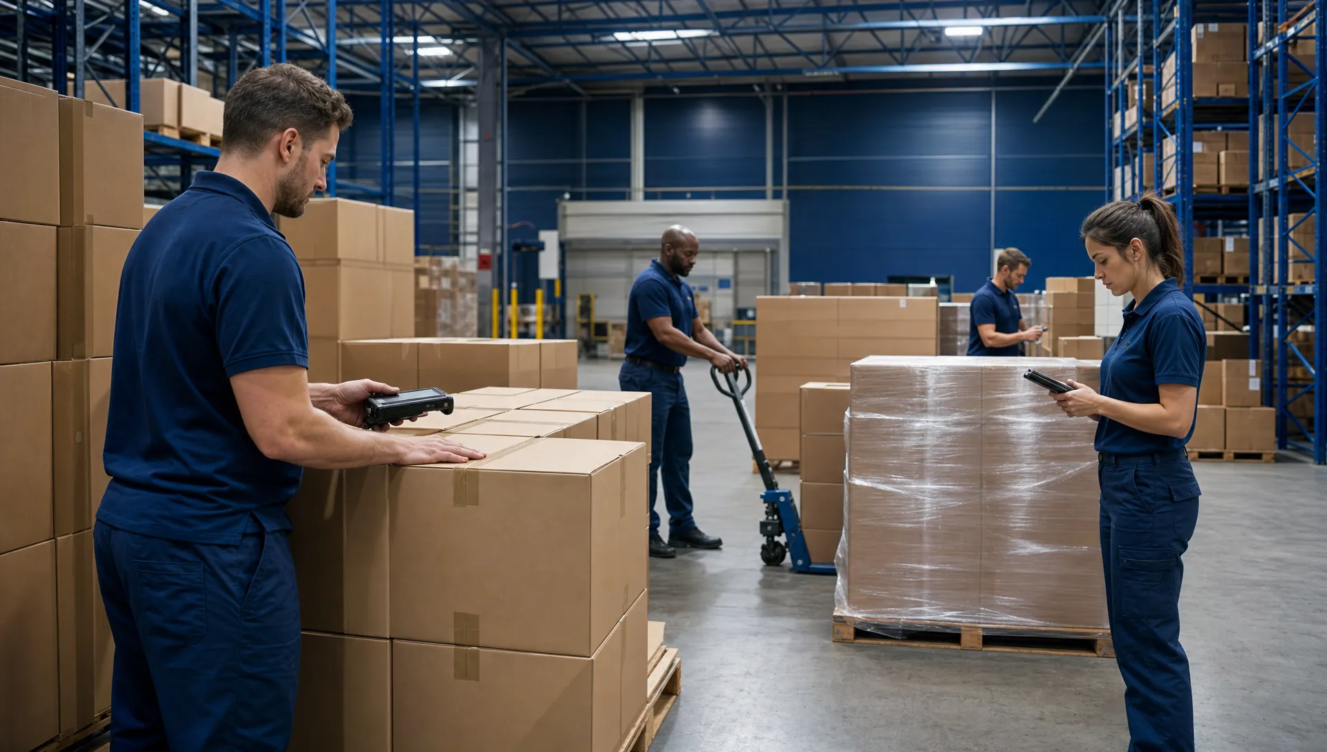 How to Switch 3PL Providers Without Disrupting Your Operation 1 Unbranded warehouse team preparing a controlled 3PL stock transfer on the warehouse floor, with plain pallets, sealed cartons, handheld scanners and no readable labels, logos or branded clothing visible.