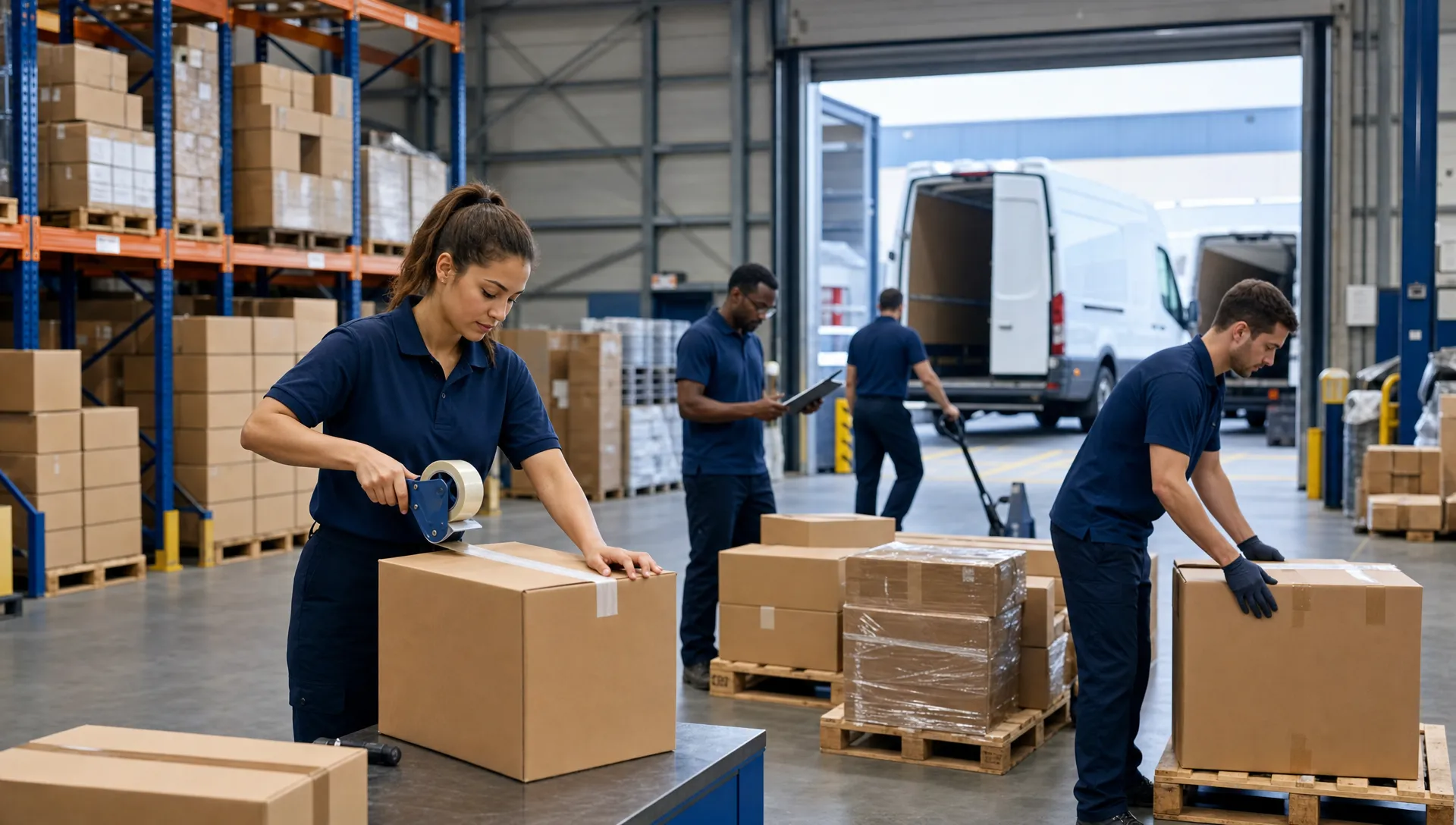 How 3PL Warehousing and Distribution Work Together 1 Unbranded warehouse team preparing mixed cartons and pallets for dispatch, with a loading bay, organised racking and plain delivery vehicles visible in the background. No logos, company names or readable text appear on clothing, boxes, vehicles or documents.