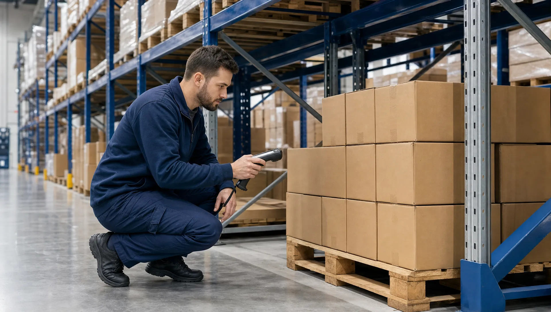 Unbranded warehouse worker using a handheld scanner beside a pallet location in a clean storage facility, with tall shelving and plain packaging in the background and no readable text.