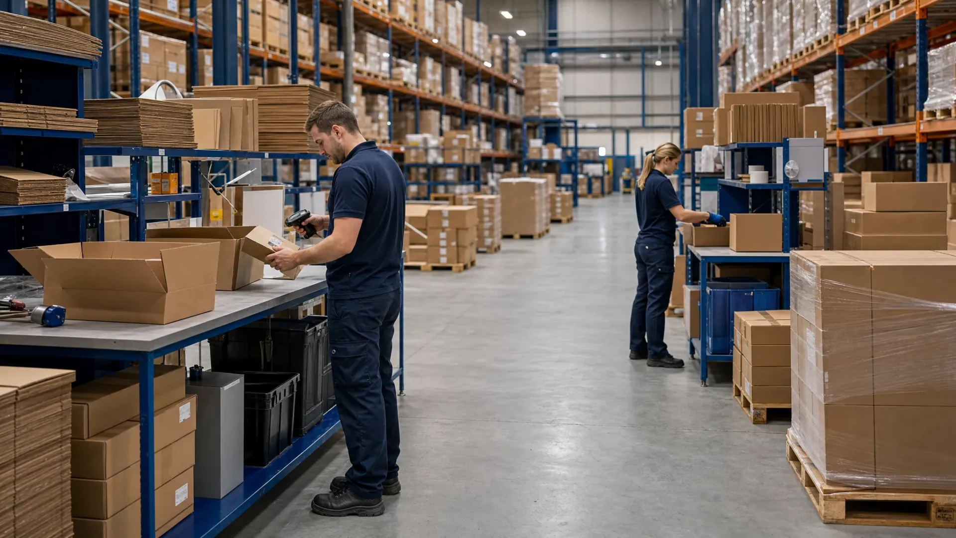 3PL Industry Trends UK Businesses Should Watch in 2026 1 Wide view of a UK warehouse pick and pack area with two unbranded warehouse operatives at packing benches, stacks of plain cartons and pallets of stock around them, handheld scanners in use, and racking extending into the background. No logos, readable text or branded vehicles visible.
