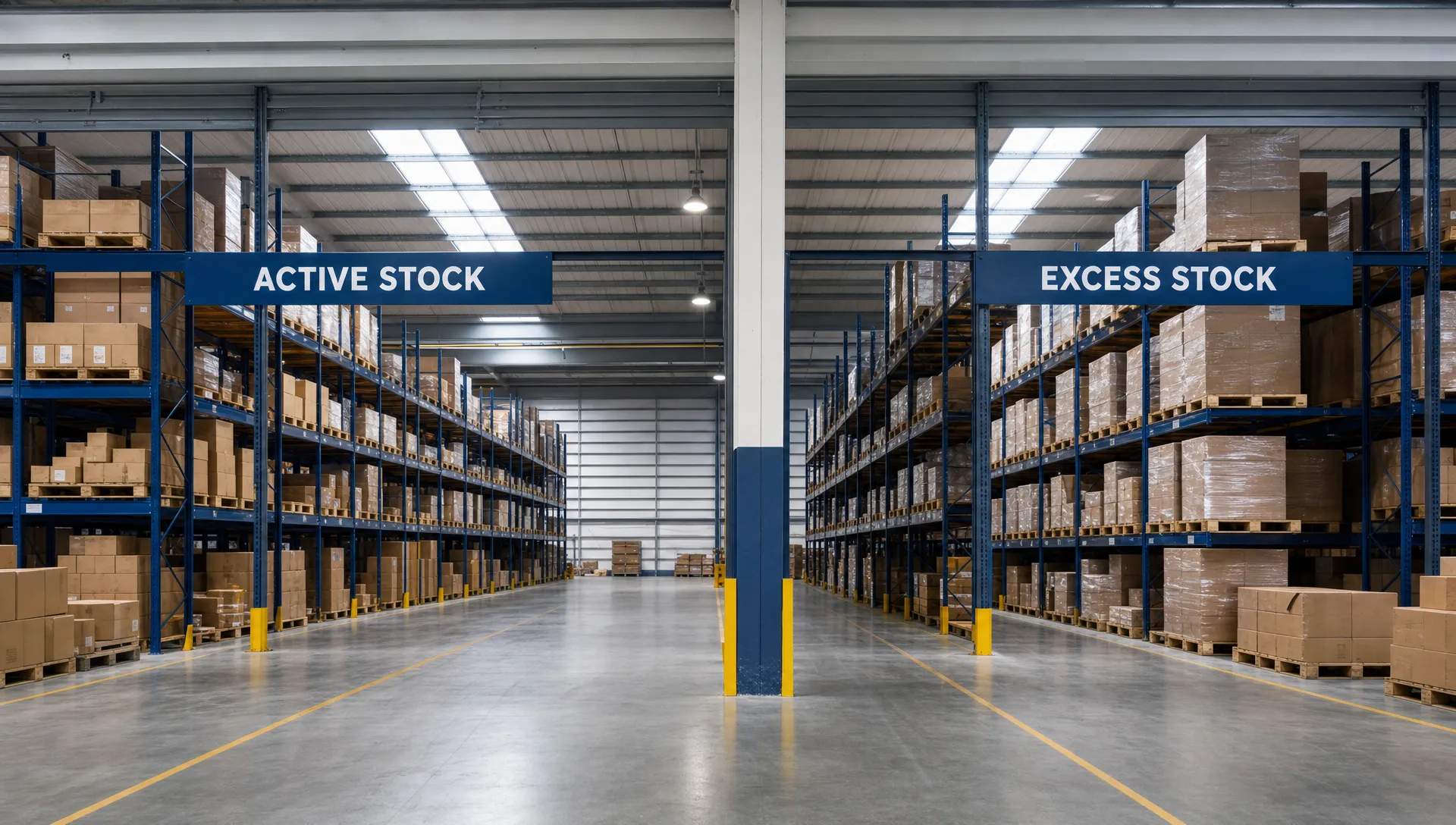 What Is Dead Stock and How Do You Reduce It? 1 Wide view of warehouse shelves with plain cartons and pallets split into active stock and excess stock areas, with clear access aisles and no readable labels, logos or branded items visible.