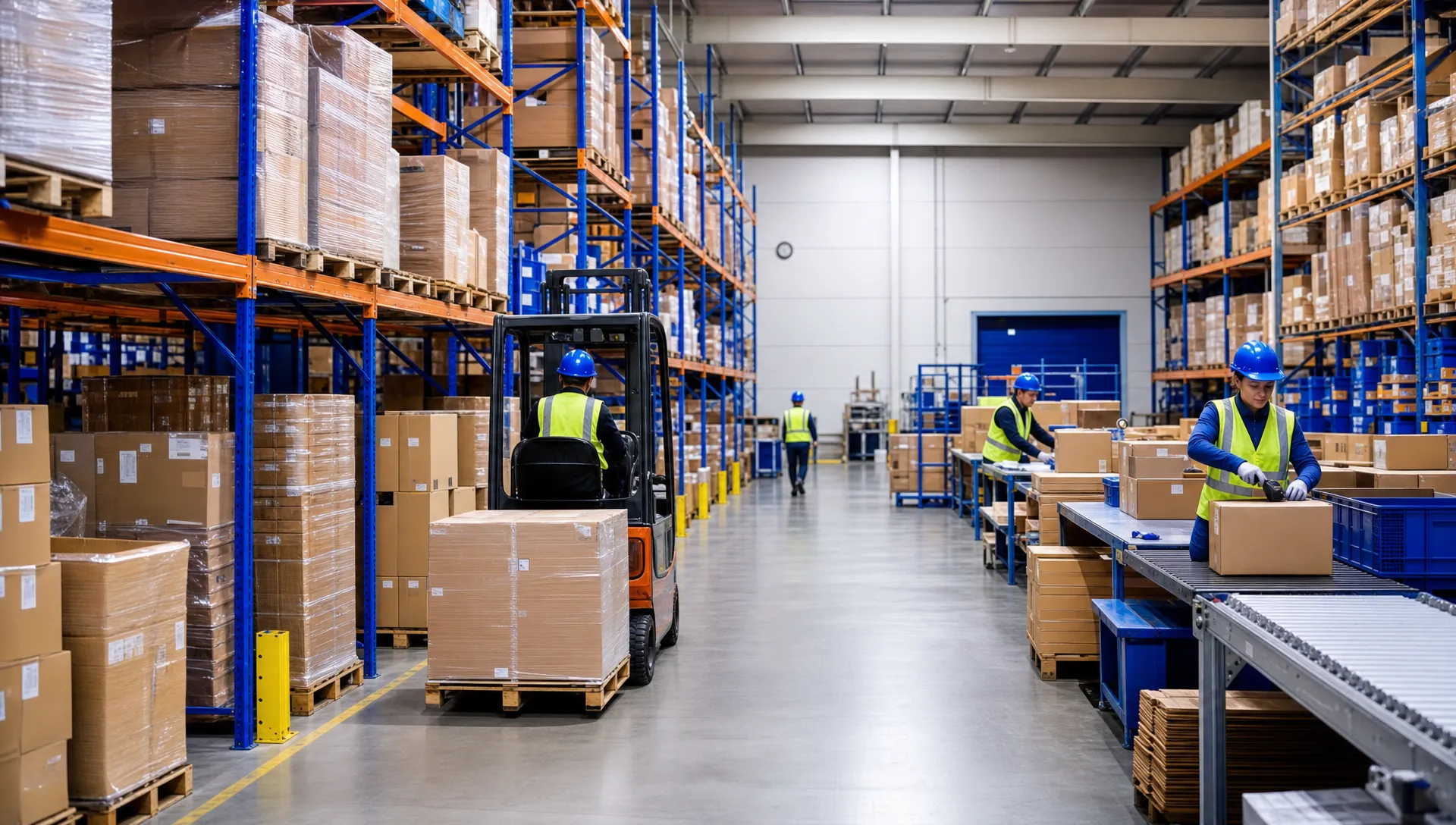 What to Do When Your Warehouse Runs Out of Space 1 A busy but organised warehouse with unbranded pallet racking, clear aisles and staff moving stock safely between bulk storage and packing areas.