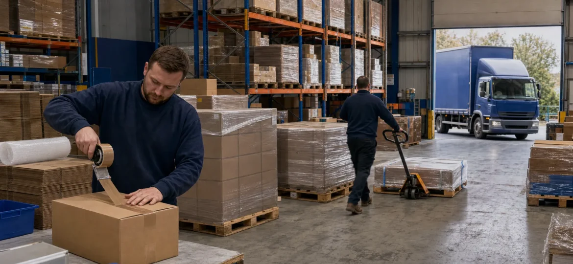 A busy UK 3PL warehouse handles packing, pallet storage and dispatch as orders grow.