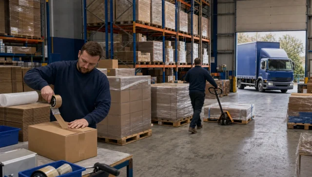 A busy UK 3PL warehouse handles packing, pallet storage and dispatch as orders grow.