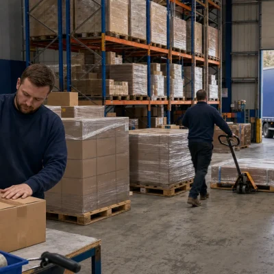 A busy UK 3PL warehouse handles packing, pallet storage and dispatch as orders grow.