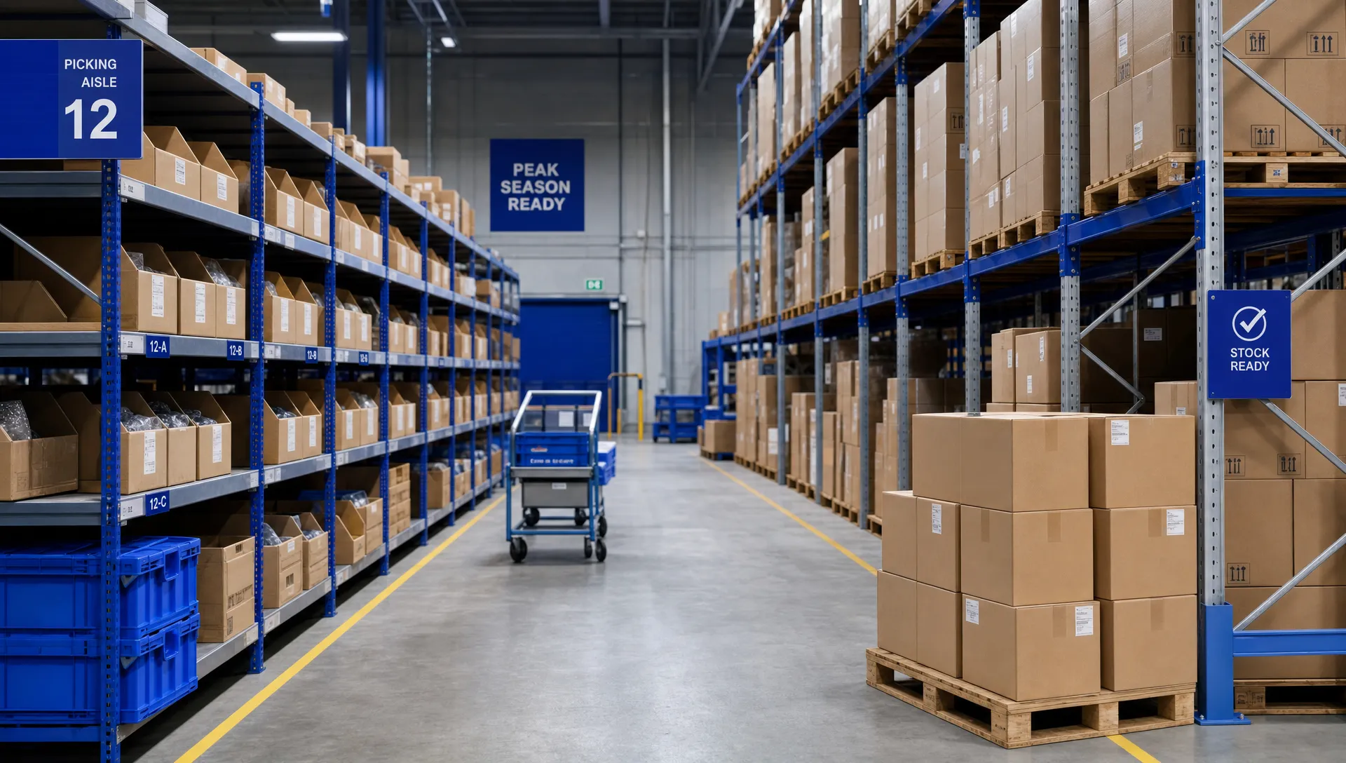 How to Prepare Your Stock for Peak Season Fulfilment 1 A clean warehouse aisle with plain cartons, organised picking shelves and pallet storage ready for peak season.