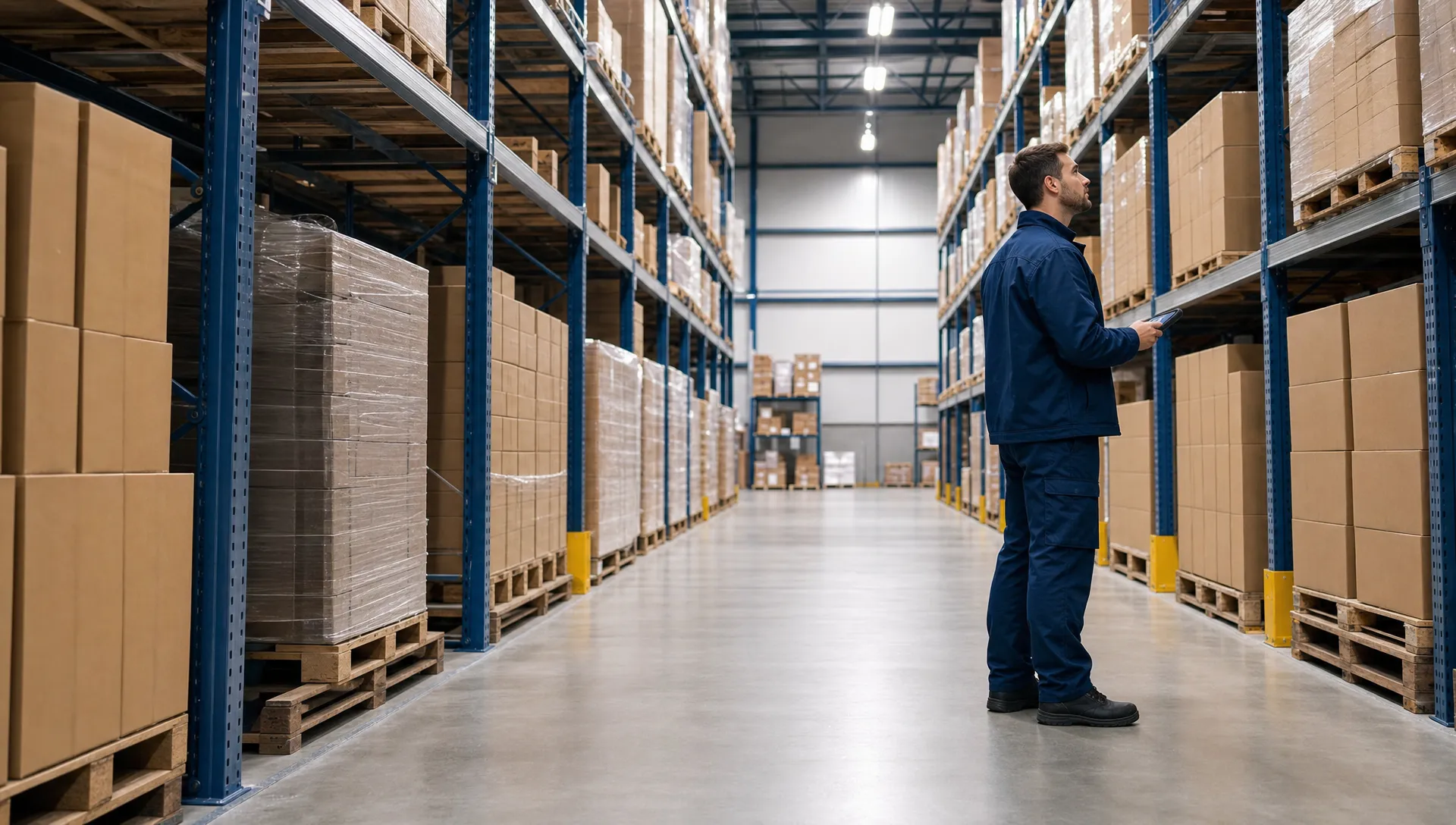 What Is Consignment Stock and How Does It Work? 1 A clean warehouse aisle with unbranded pallet racking, plain cartons, wrapped pallets and a worker in unbranded workwear checking stock with no readable text visible.